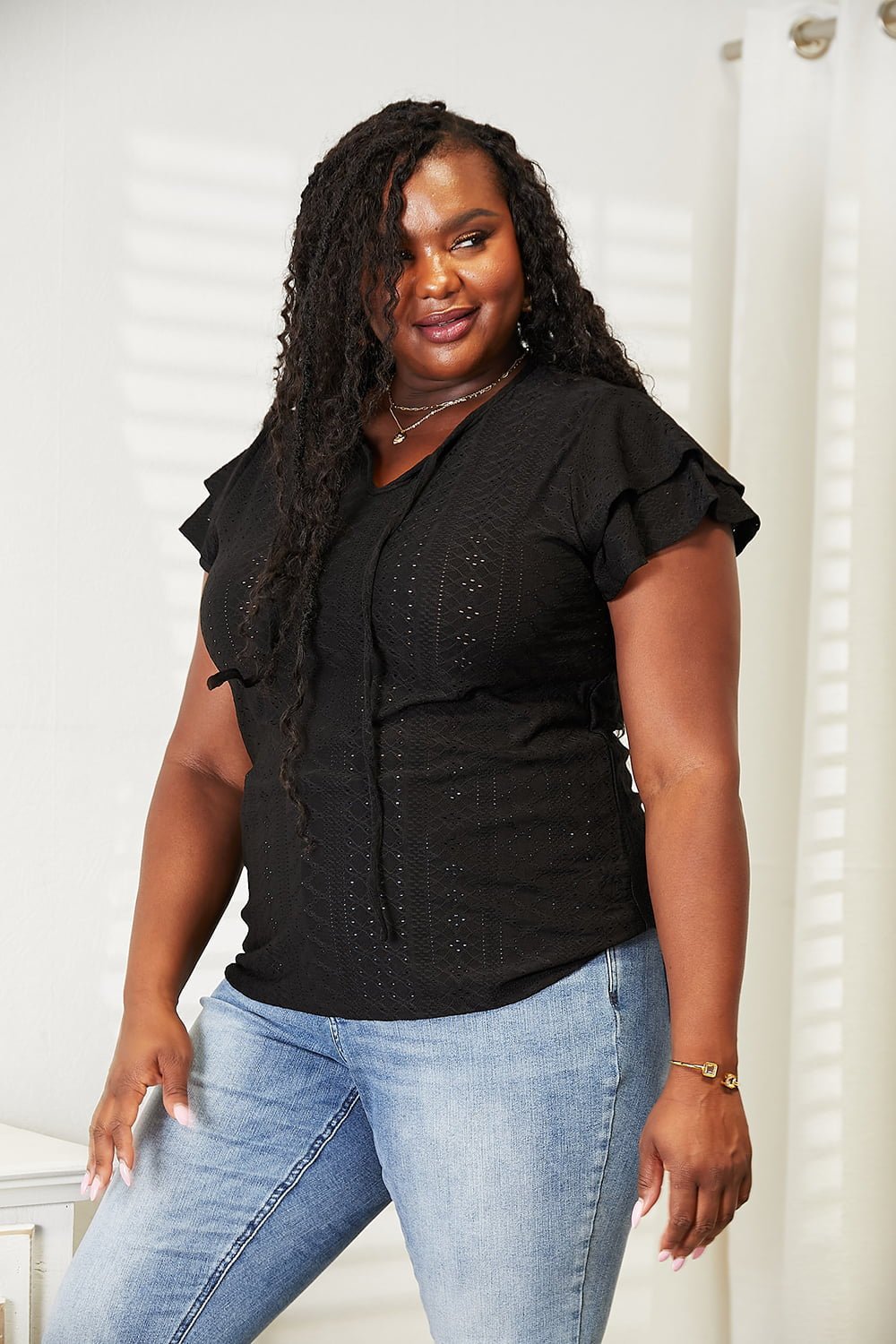 Double Take Eyelet Tie - Neck Flutter Sleeve Blouse – Black for Double Take (6 view)