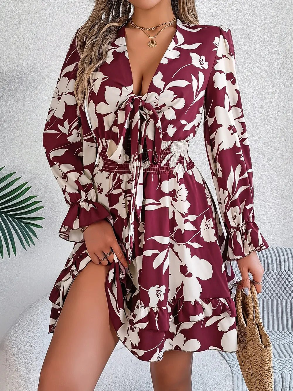 Tied Ruffled Printed Long Sleeve Dress – Burgundy Women's Top for Shopify Collective (6 view)