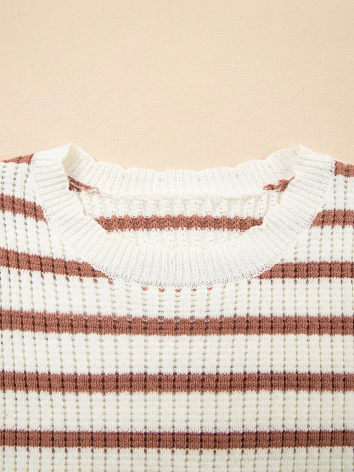 Stripe Scalloped Round Neck Short Sleeve Sweater – Caramel by Simply Love