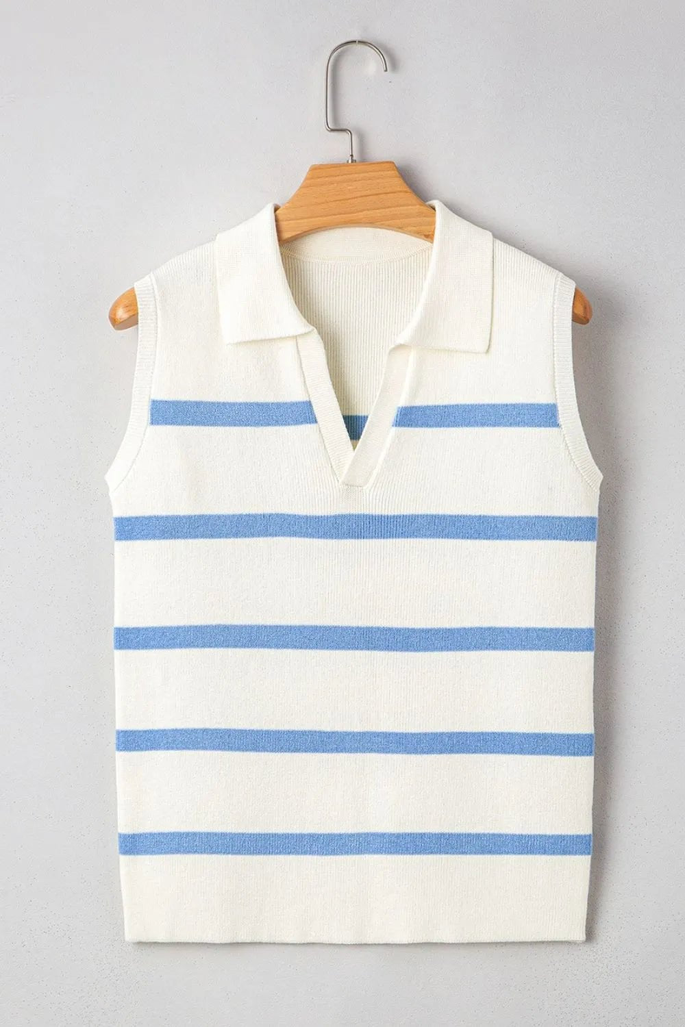 Stripe Split V Neck Collared Ribbed Sweater Vest – White by Simply Love