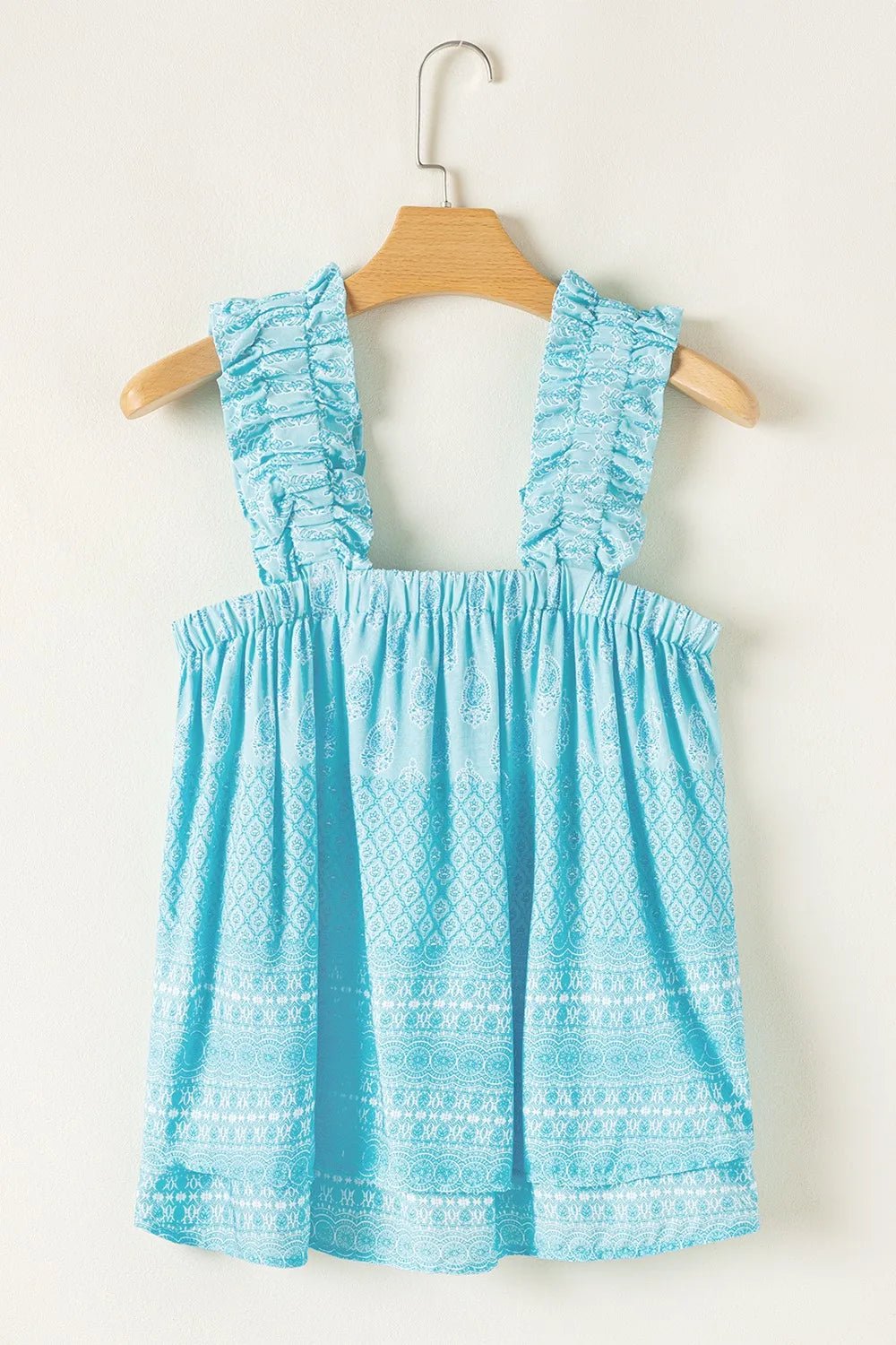 Printed Ruffled Wide Straps Tank – Pastel Blue by Simply Love