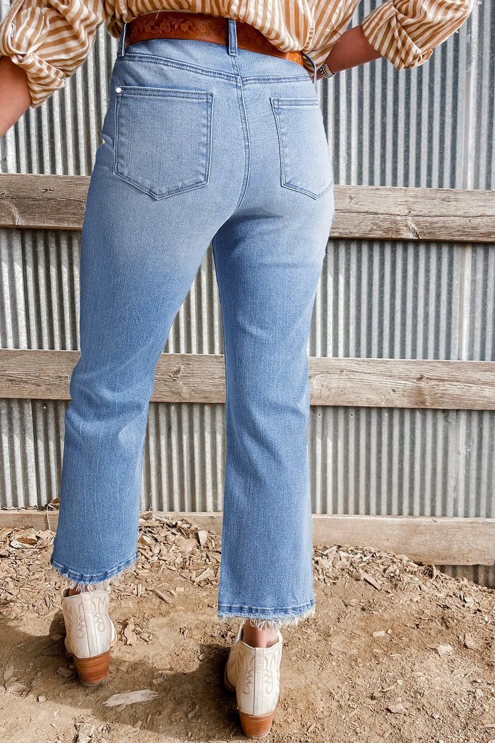 Mineral Wash Raw Hem High Waist Flared Jeans – Light Blue for Shopify Collective (12 view)