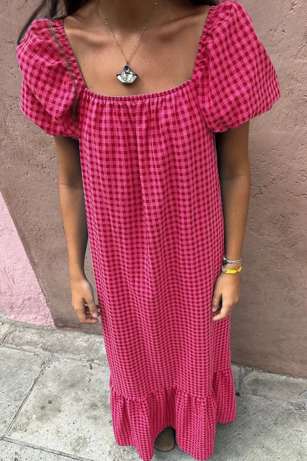 SYNZ Gingham Check Bubble Sleeve Ruffled Maxi Dress – Strawberry for Shopify Collective (3 view)