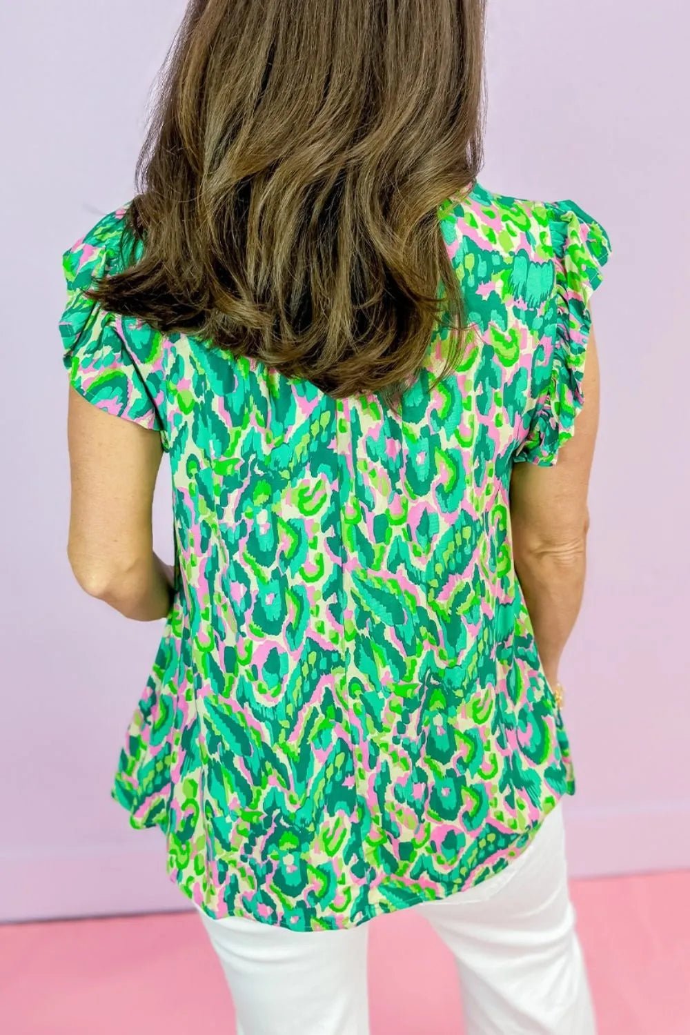 Abstract Print Ruffled Trim Tie Neck Top – Green by Simply Love