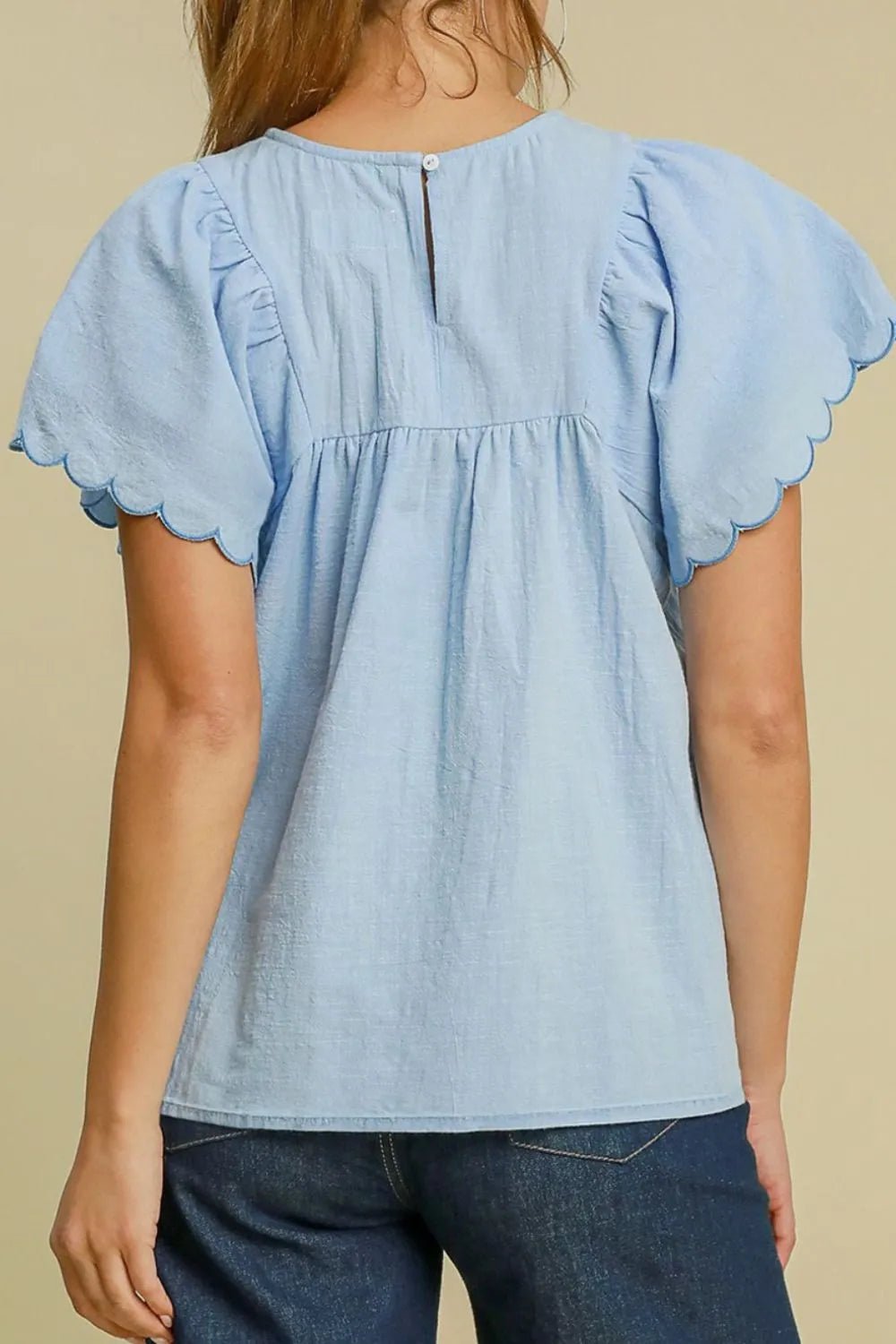 Solid Color Embroidered Scalloped Sleeves Crew Neck Blouse – Light Blue Women's Top for Shopify Collective (3 view)