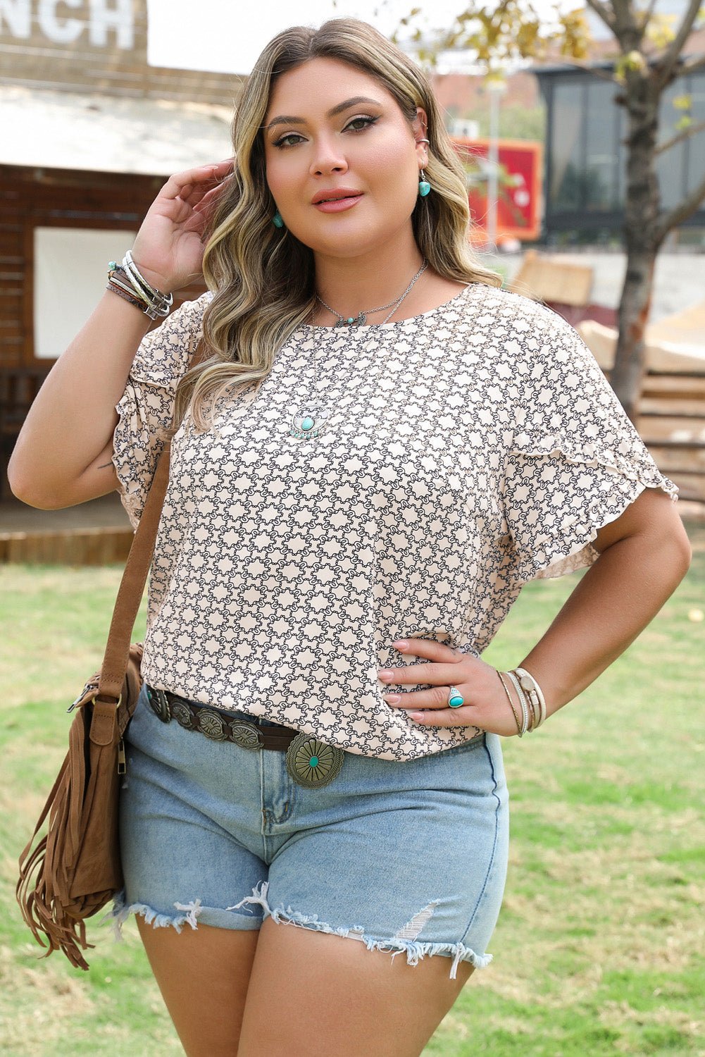 Faith Plus Size Geometric Ruffled Sleeve Blouse – Khaki Plus Size/Plus Size Tops/Plus Size Blouses & Shirts for Shopify Collective (3 view)