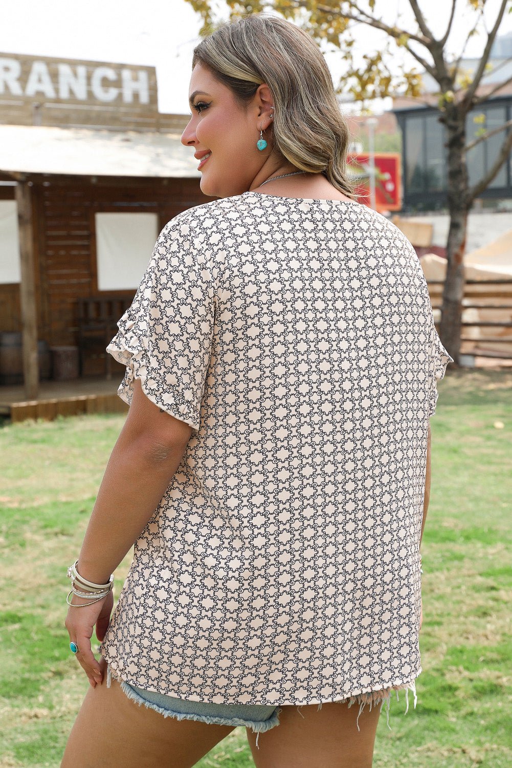 Faith Plus Size Geometric Ruffled Sleeve Blouse – Khaki Plus Size/Plus Size Tops/Plus Size Blouses & Shirts for Shopify Collective (2 view)