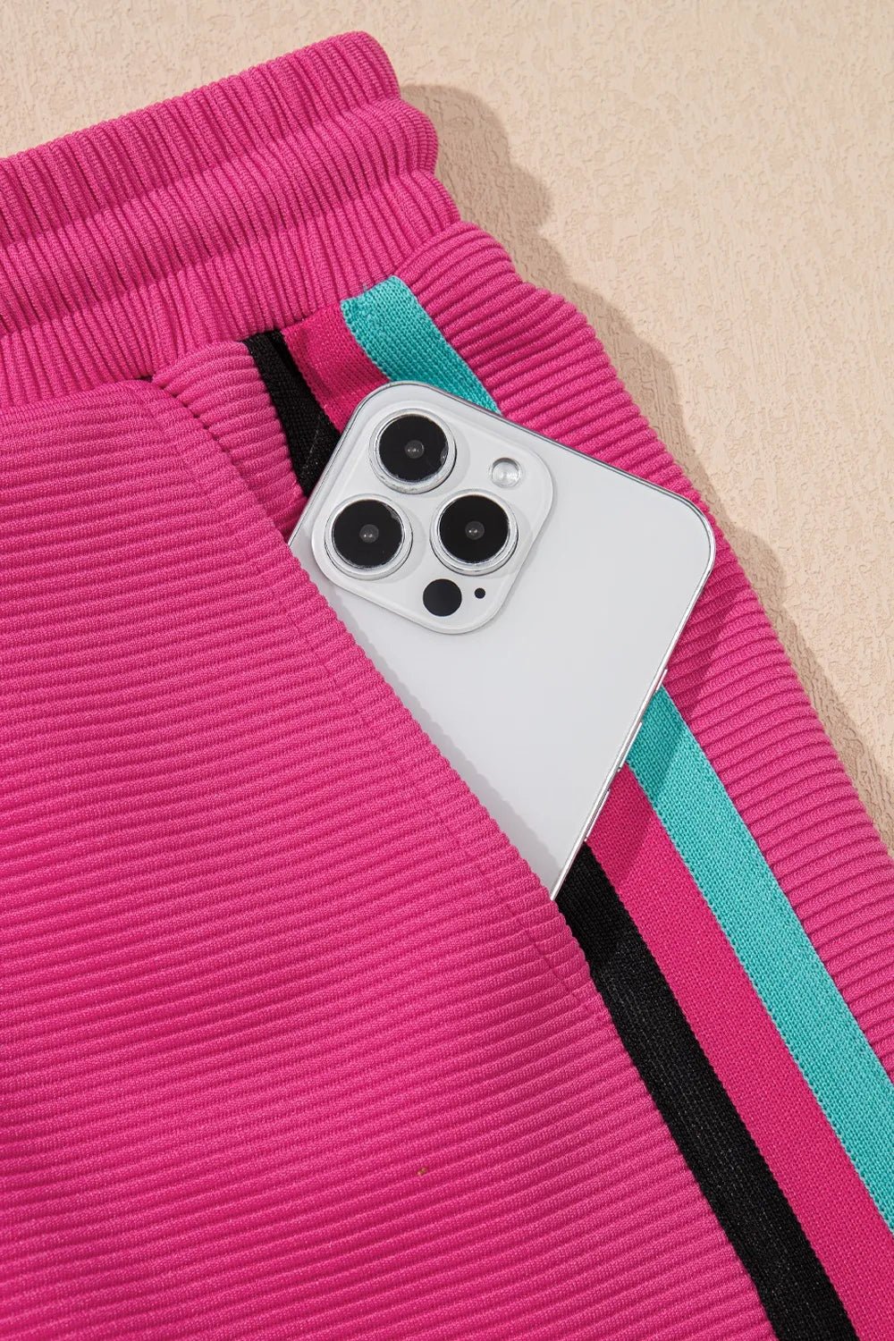 Striped Detail Flutter Sleeve Zipped Collar Top and Short Set – Hot Pink for Shopify Collective (10 view)