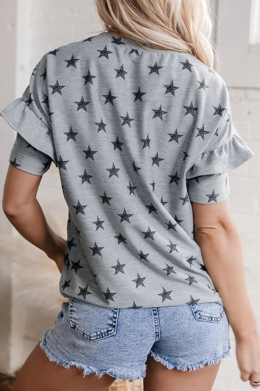Star Print Tiered Ruffled Sleeve Crew Neck T Shirt – Gray by Simply Love