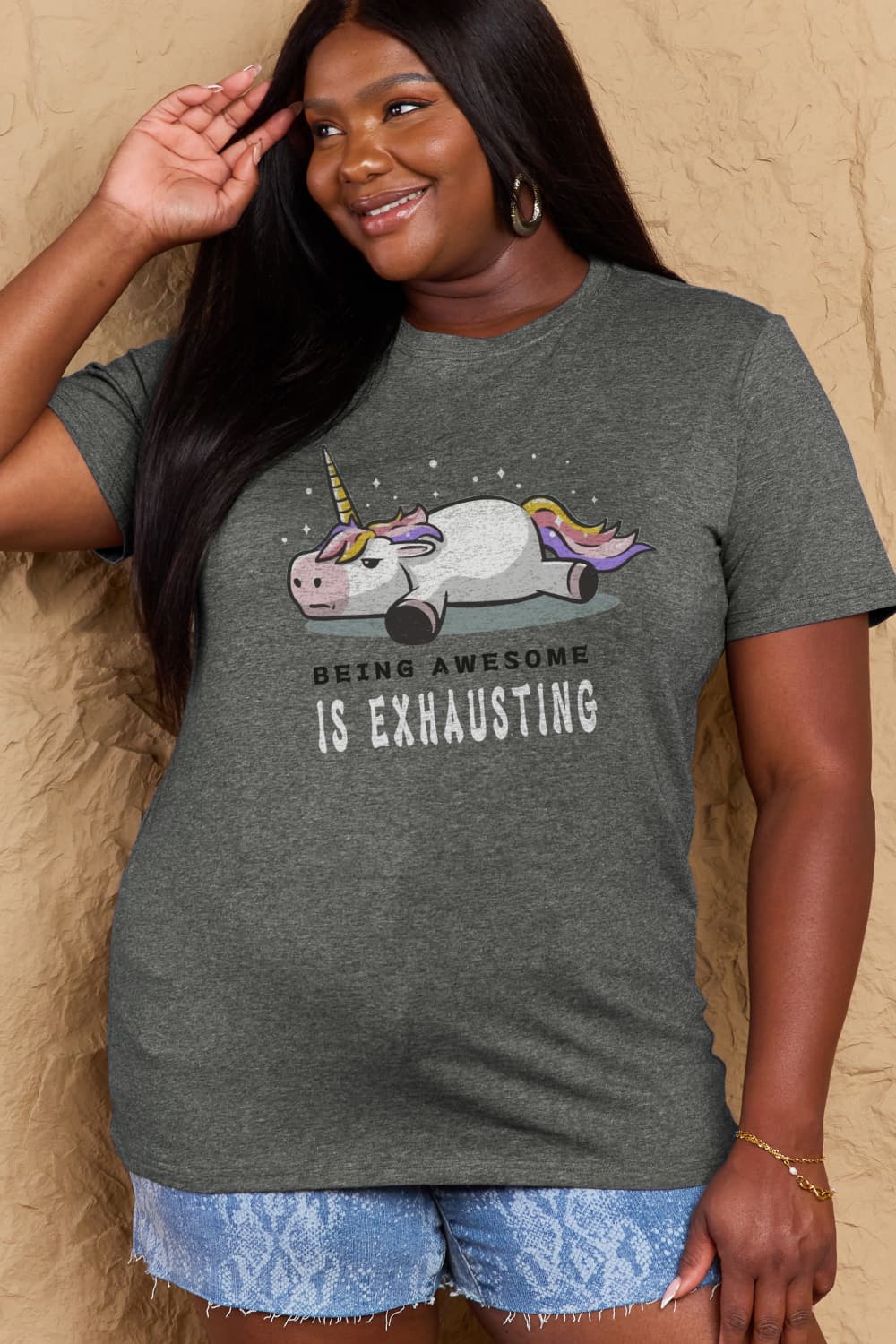 Simply Love Full Size BEING AWESOME IS EXHAUSTING Graphic Cotton Tee – Charcoal Women's Top for Shopify Collective (16 view)