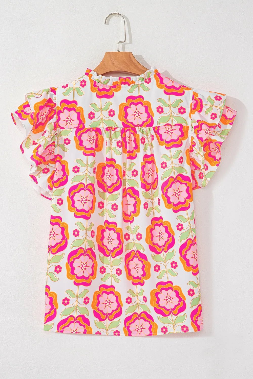 Floral Ruffled Sleeve Ric - Rac Trim Split Neck Loose Blouse – Floral by Simply Love
