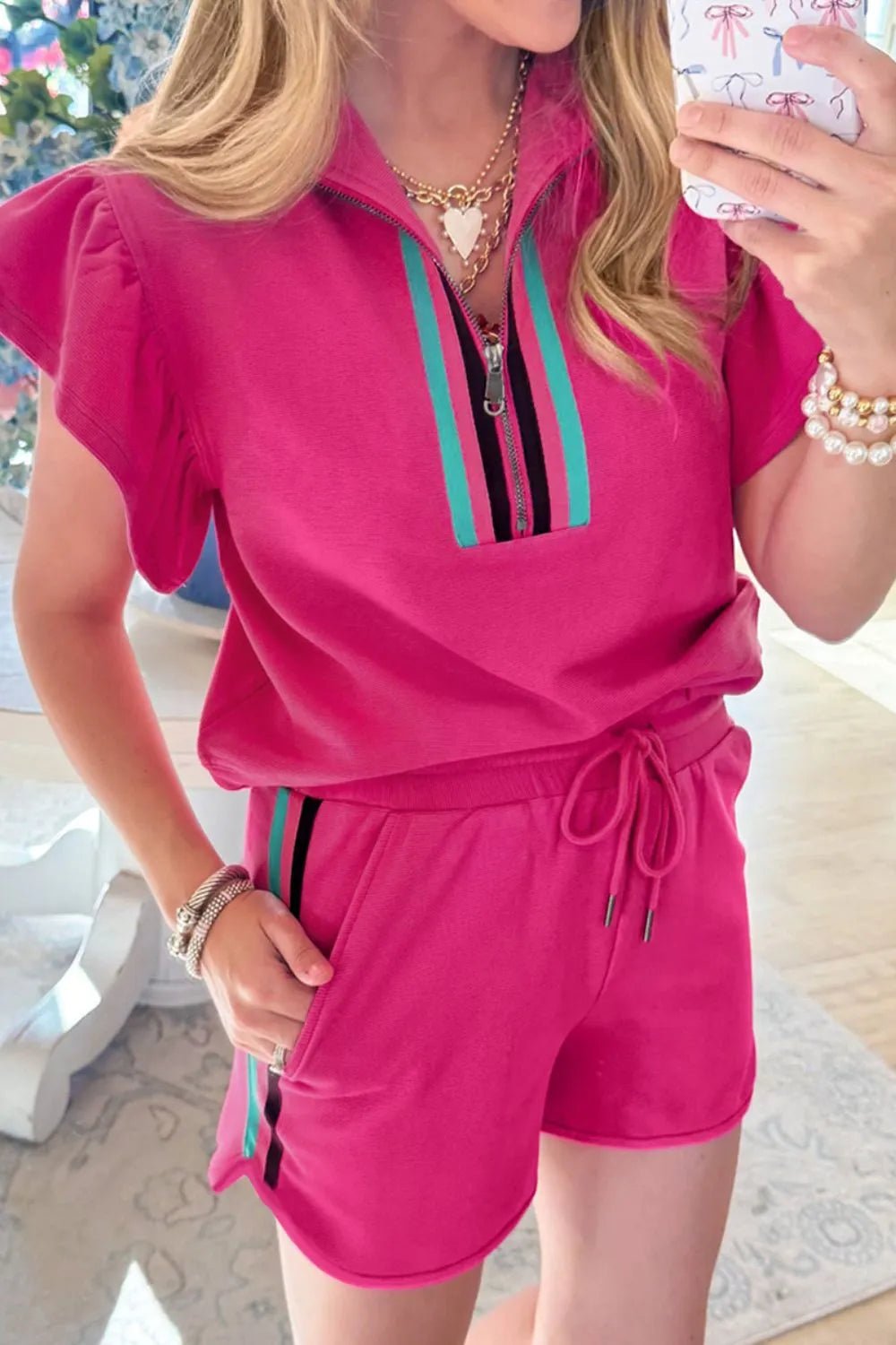 Striped Detail Flutter Sleeve Zipped Collar Top and Short Set – Hot Pink for Shopify Collective (2 view)