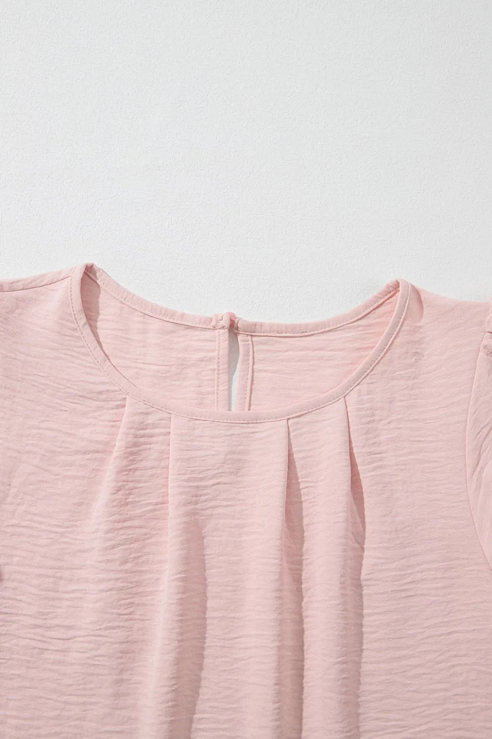Solid Color Flounce Sleeve Pleated Round Neck Blouse – Blush Pink by Simply Love