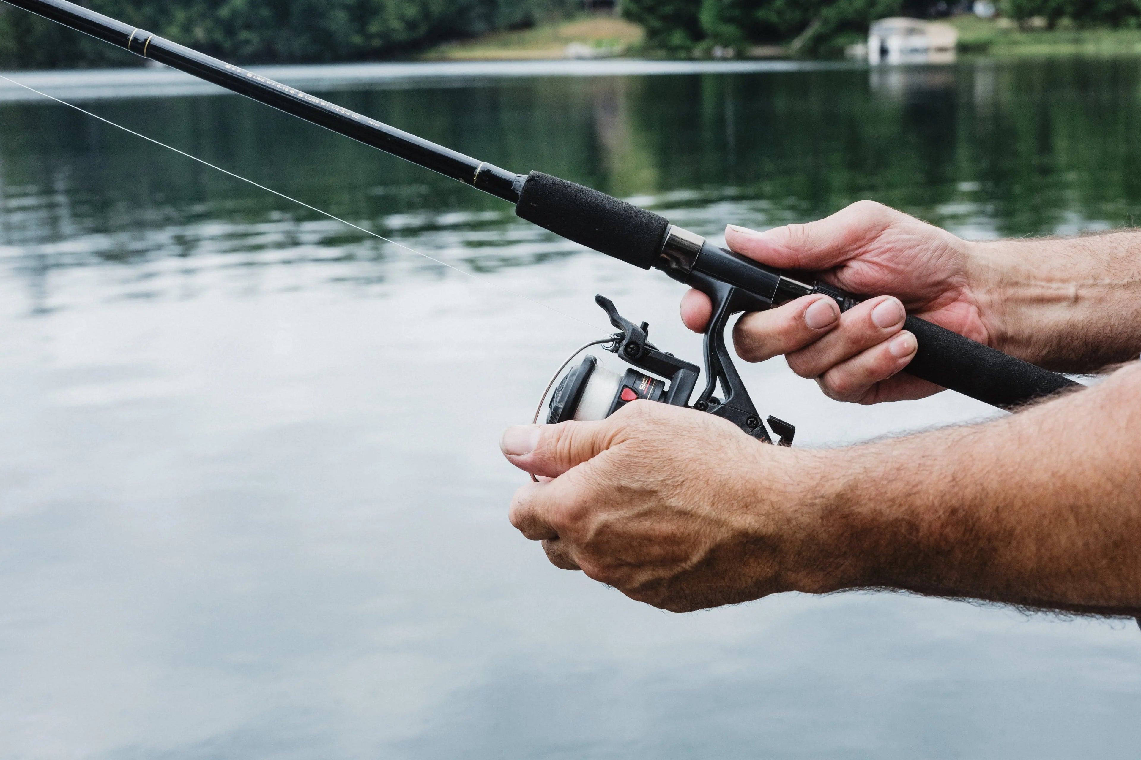 Person holding a fishing rod over a body of water with trees in the background