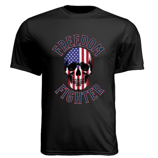 Freedom Fighter – American Flag Skull Tee | Patriotic Apparel by RM Outpost – BLACK T-Shirt for American Flag (17 view)