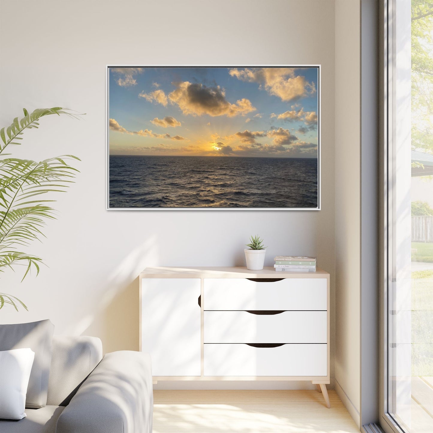 Golden Glow Over Ocean Canvas Wall Art – Peaceful Sunrise Print | Serene Coastal Photography Decor – 18″ x 12″ (Horizontal) Canvas for art for office (151 view)