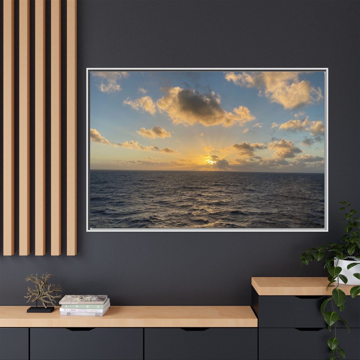Golden Glow Over Ocean Canvas Wall Art – Peaceful Sunrise Print | Serene Coastal Photography Decor – 18″ x 12″ (Horizontal) Canvas for art for office (152 view)