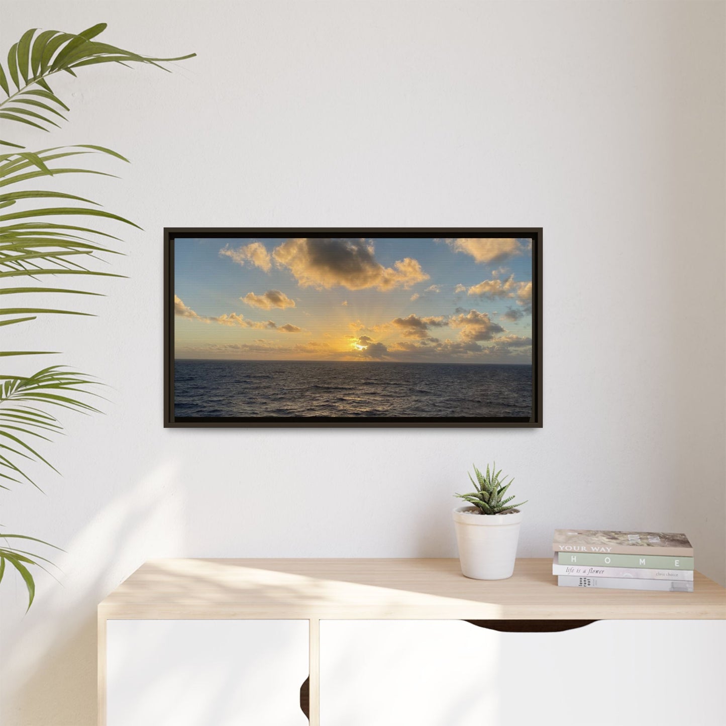 Golden Glow Over Ocean Canvas Wall Art – Peaceful Sunrise Print | Serene Coastal Photography Decor – 18″ x 12″ (Horizontal) Canvas for art for office (139 view)