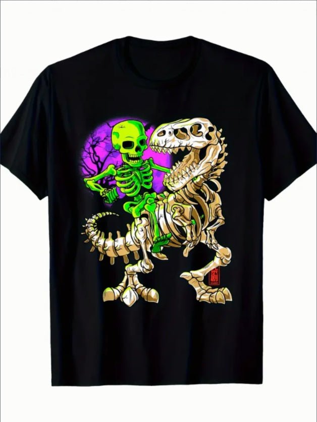 Green Skull T - Rex T-Shirt – Halloween Dinosaur Graphic Tee for Men | Fossil Style Streetwear – Black Mens Top for dinosaur shirt (6 view)