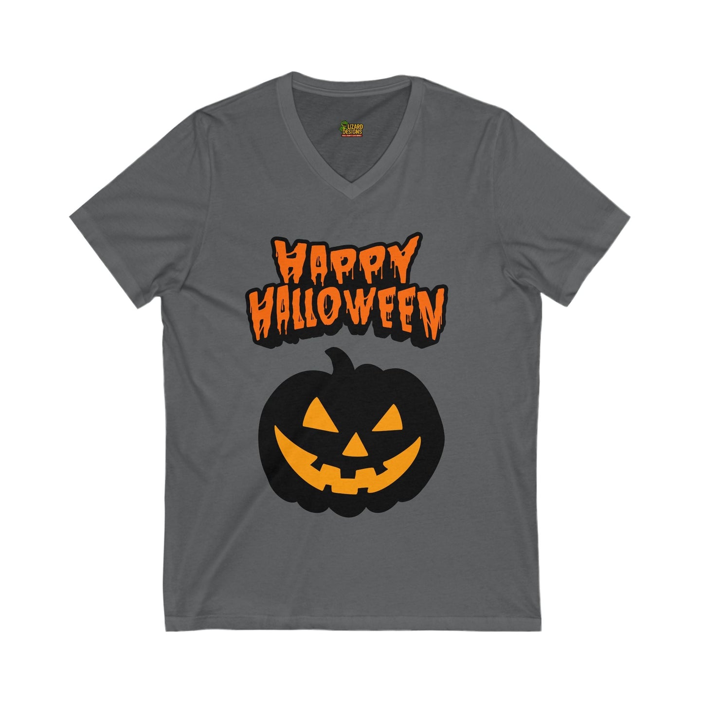 Happy Halloween Pumpkin Tee – Classic Jack - O’ - Lantern Graphic Shirt | Fall & Spooky Season V - Neck – Asphalt V - neck for bee lovers gift (7 view)