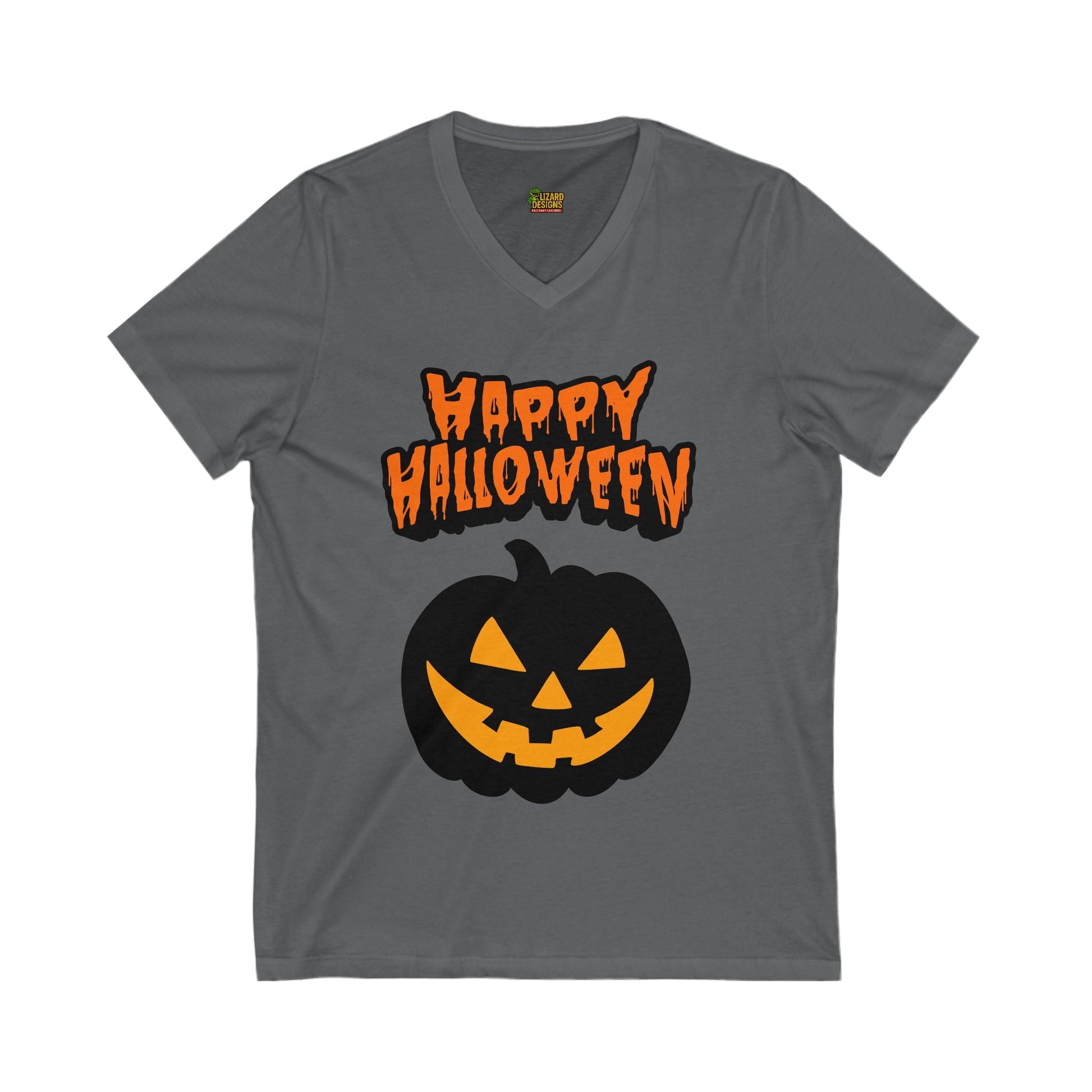 Happy Halloween Pumpkin Tee – Classic Jack - O’ - Lantern Graphic Shirt | Fall & Spooky Season V - Neck – Asphalt V - neck for bee lovers gift (7 view)