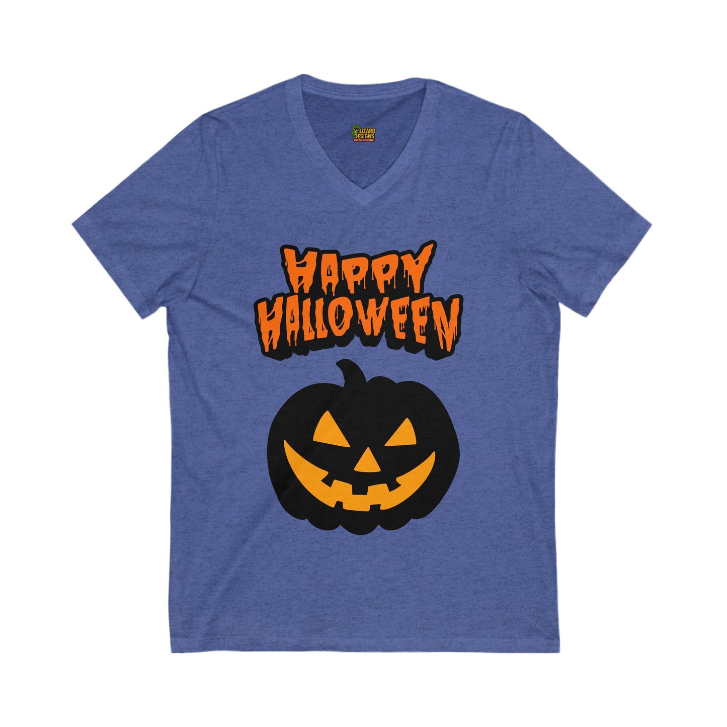 Happy Halloween Pumpkin Tee – Classic Jack - O’ - Lantern Graphic Shirt | Fall & Spooky Season V - Neck – Heather True Royal V - neck for bee lovers gift (5 view)
