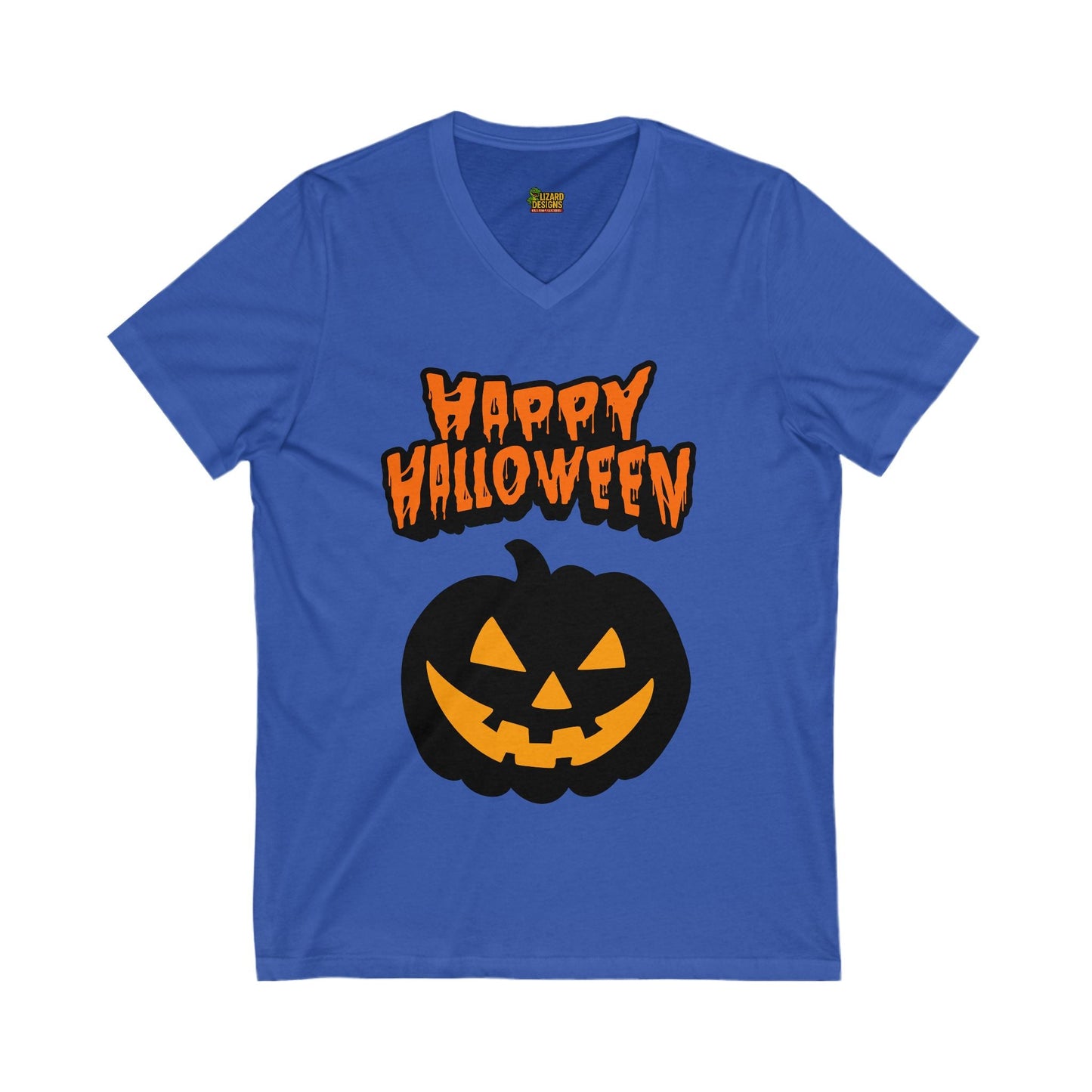 Happy Halloween Pumpkin Tee – Classic Jack - O’ - Lantern Graphic Shirt | Fall & Spooky Season V - Neck – True Royal V - neck for bee lovers gift (3 view)