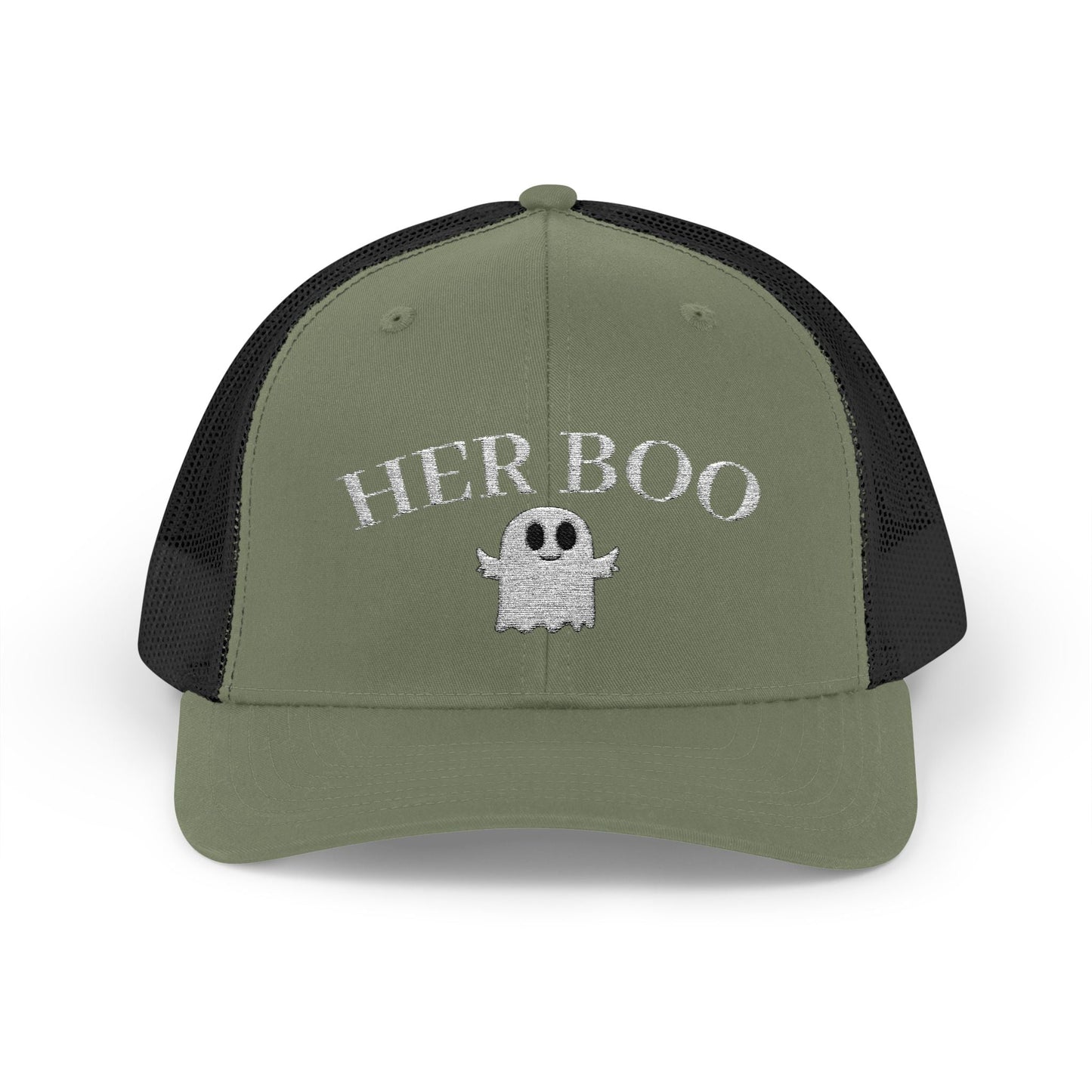 Her Boo Halloween Hat – Cute Ghost Embroidered Trucker Cap | Couples Matching Outfit – Loden / Black Hats for Casual Fashion (16 view)