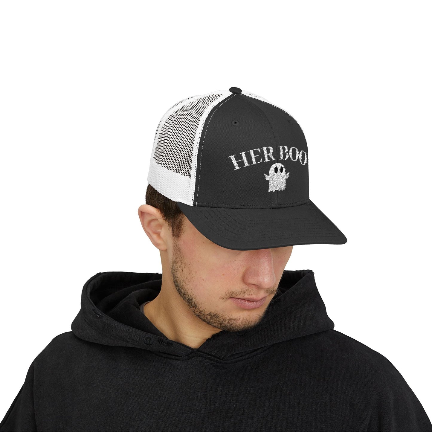Her Boo Halloween Hat – Cute Ghost Embroidered Trucker Cap | Couples Matching Outfit – Black / White Hats for Casual Fashion (14 view)