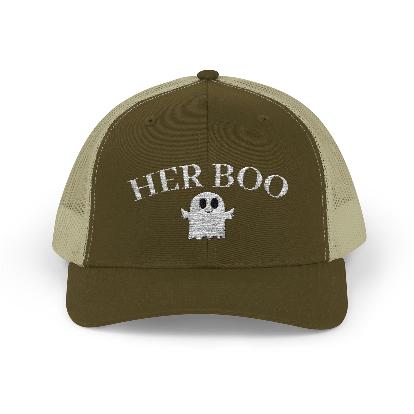 Her Boo Halloween Hat – Cute Ghost Embroidered Trucker Cap | Couples Matching Outfit – Moss / Khaki Hats for Casual Fashion (25 view)