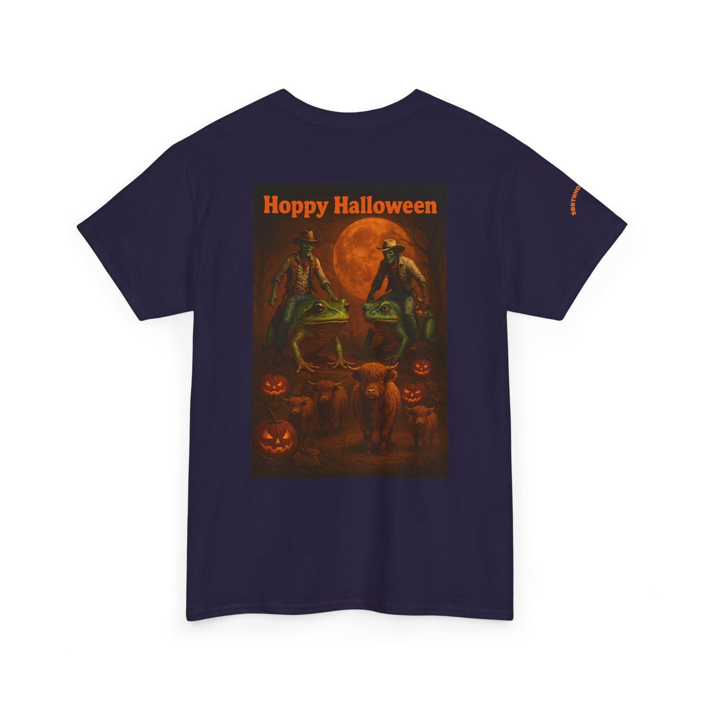 Hoppy Halloween T-Shirt – Zombie Cowboy Frog Riders Unite | Funny Halloween Tee for Fall Mischief | Lizard Designs – Blackberry T-Shirt for casual outfit (1 view)