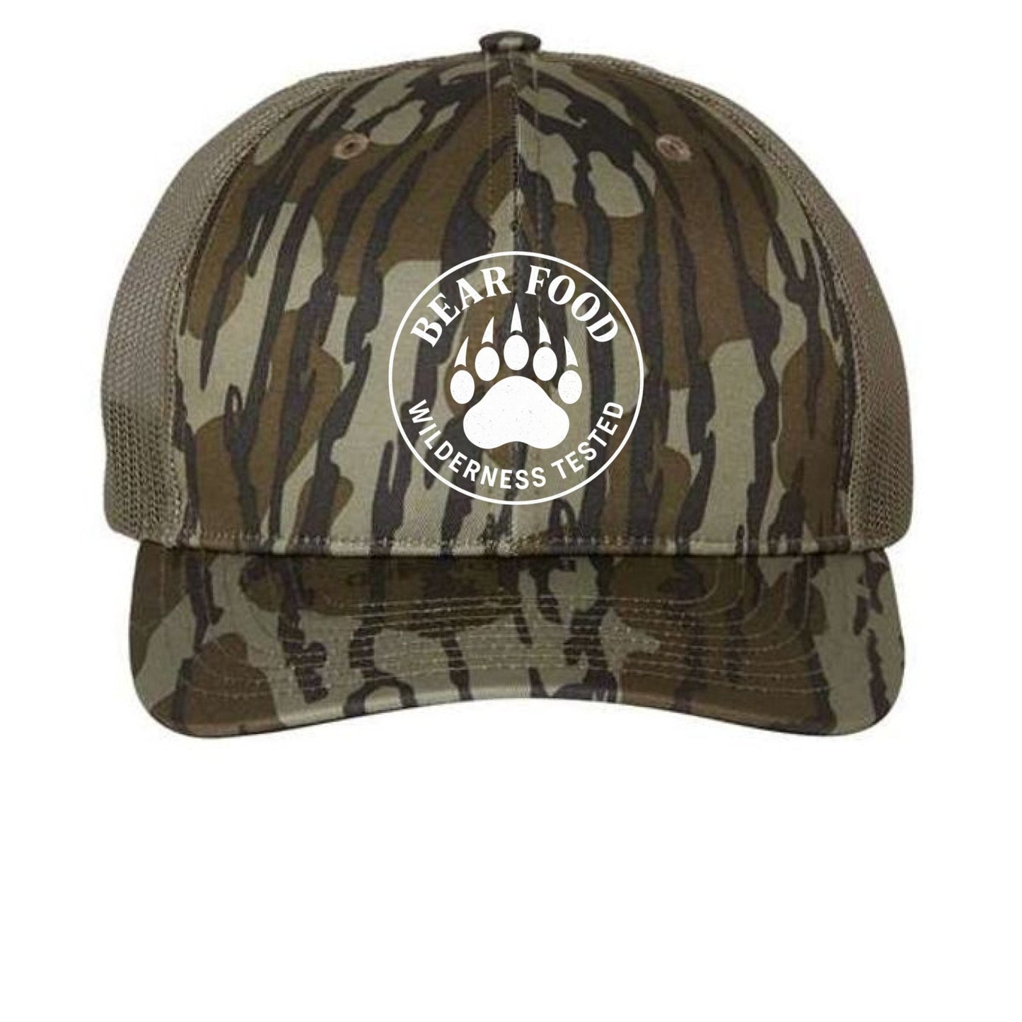 Hunt Fish Chill “Bear Food” Hat – Realtree® Camo Trucker Cap | Outdoor Humor Snapback – Mossy Oak Bottomland/ Loden Hats for Apparel (3 view)