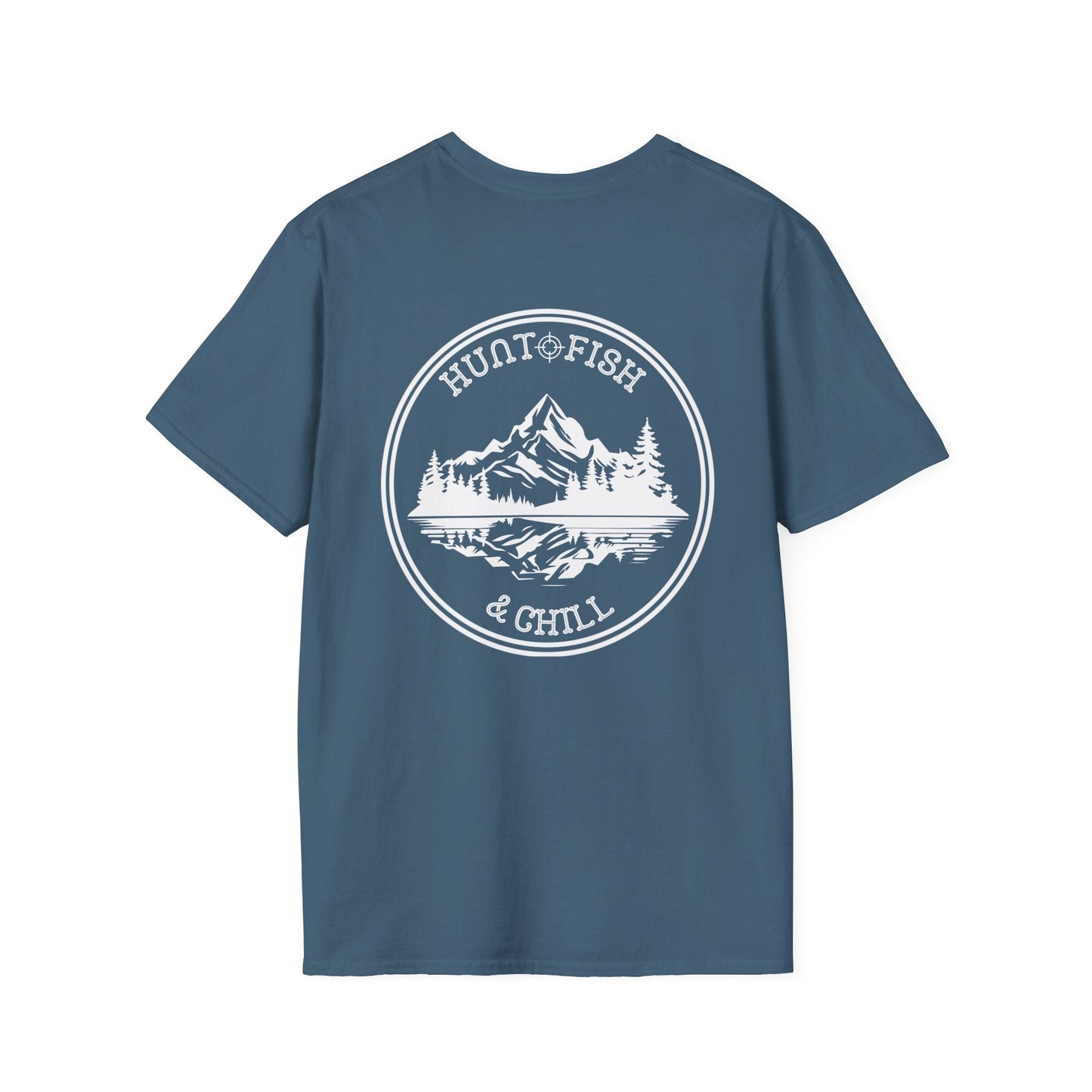 Hunt Fish & Chill T-Shirt White Logo – Premium Outdoors Badge Tee | Camping, Fishing, Hunting Apparel – Indigo Blue T-Shirt for Adventure Clothing (10 view)