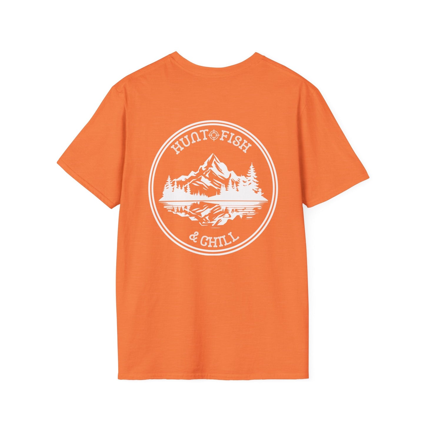 Hunt Fish & Chill T-Shirt White Logo – Premium Outdoors Badge Tee | Camping, Fishing, Hunting Apparel – Heather Orange T-Shirt for Adventure Clothing (2 view)