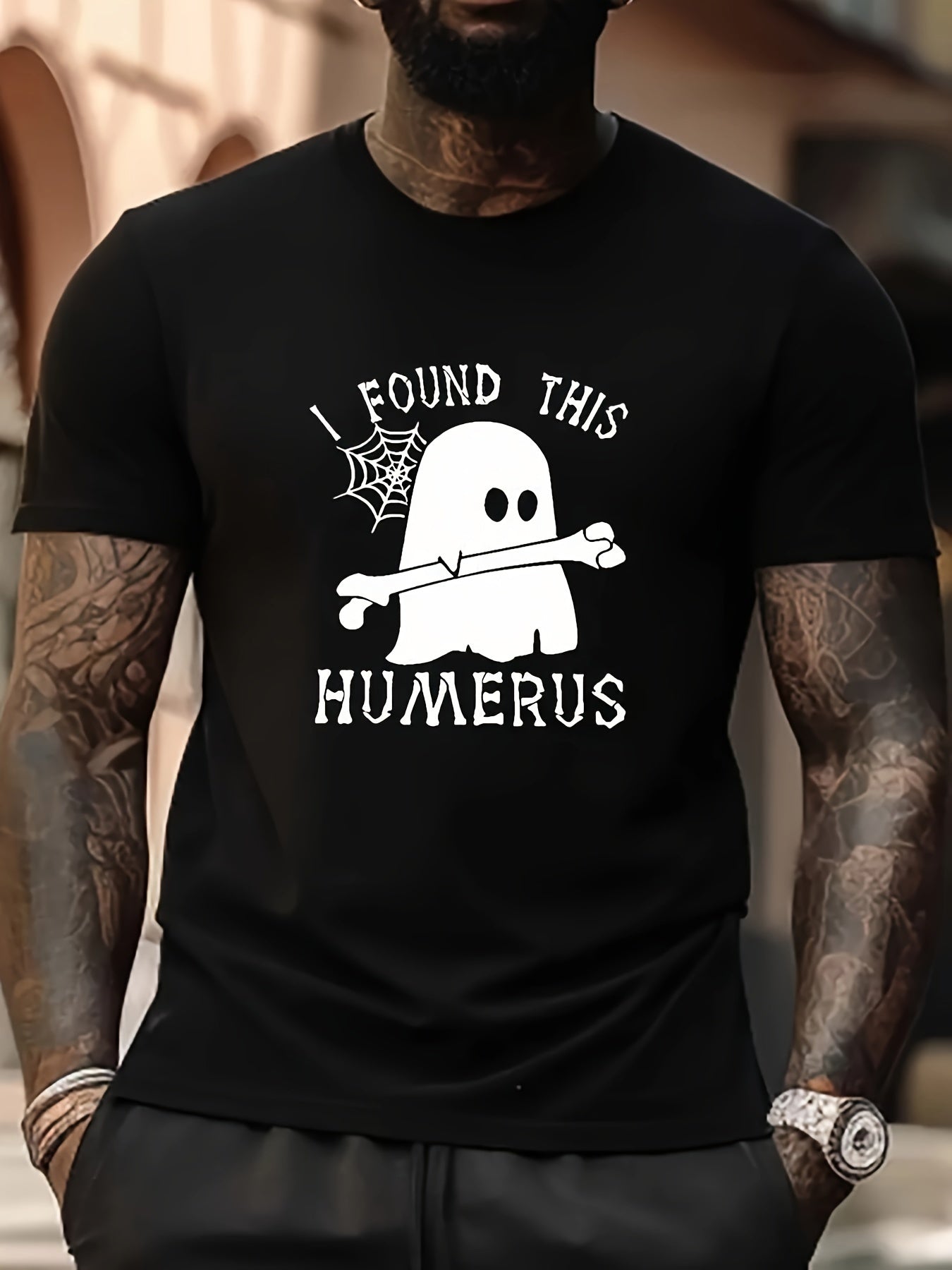 "I Found This Humerus" Ghost T-Shirt – Funny Halloween Tee for Men | Plus Size Retro Style – Black Mens Top for funny halloween (4 view)