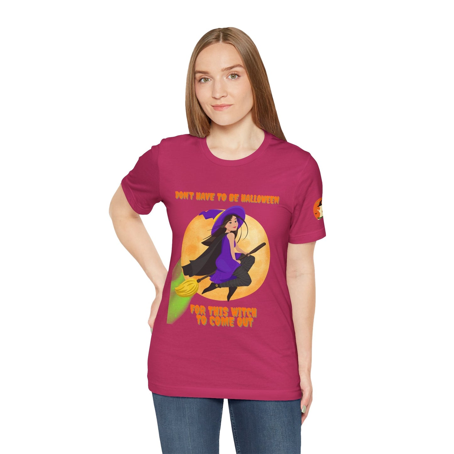 It Don’t Have to Be Halloween – Sassy Flying Witch Tee | Funny Women’s Graphic Shirt – Berry T-Shirt for bold graphic tee (55 view)