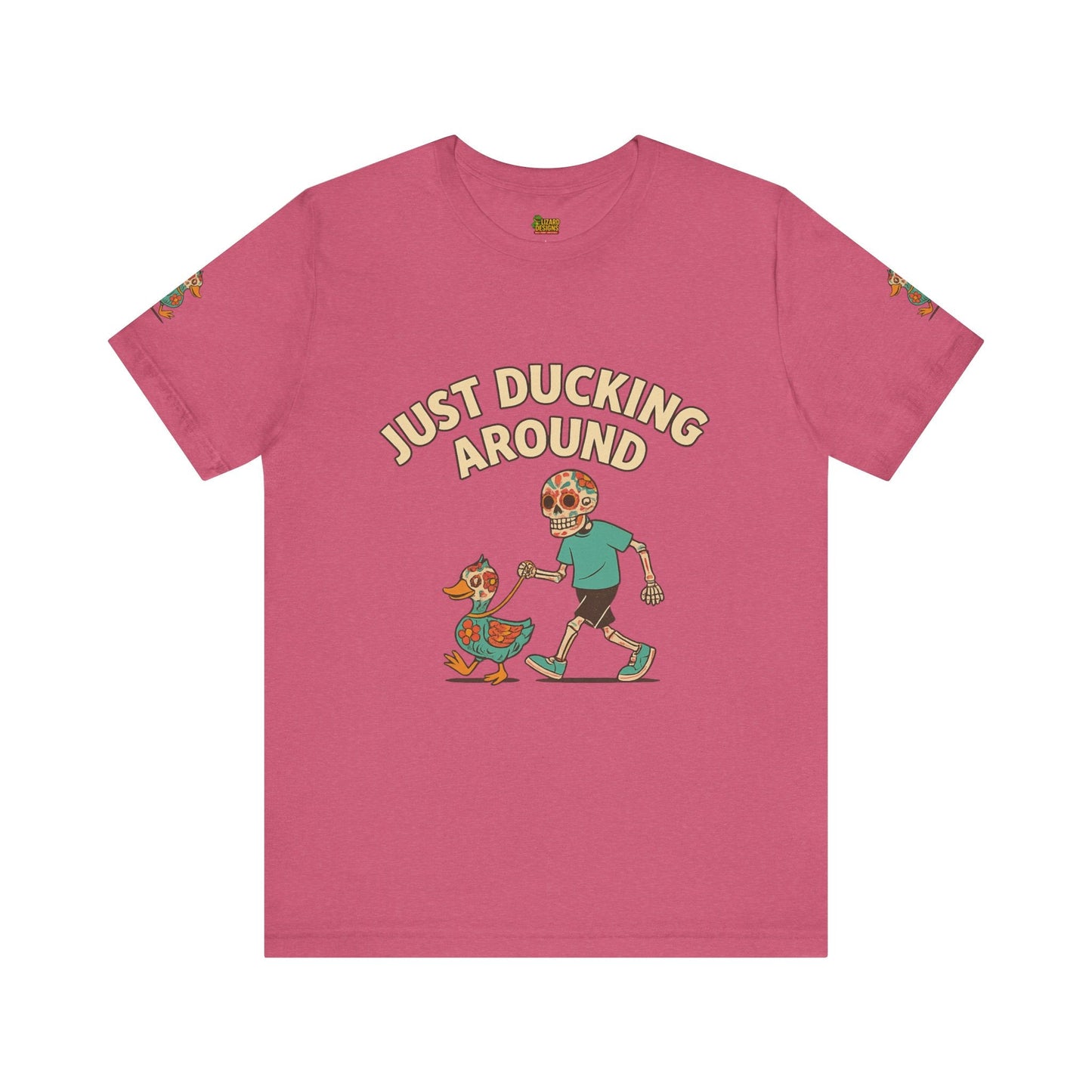 Just Ducking Around – Día de los Muertos Skeleton & Duck Tee | Funny Graphic Shirt – Heather Raspberry T-Shirt for cartoon graphic tee (31 view)