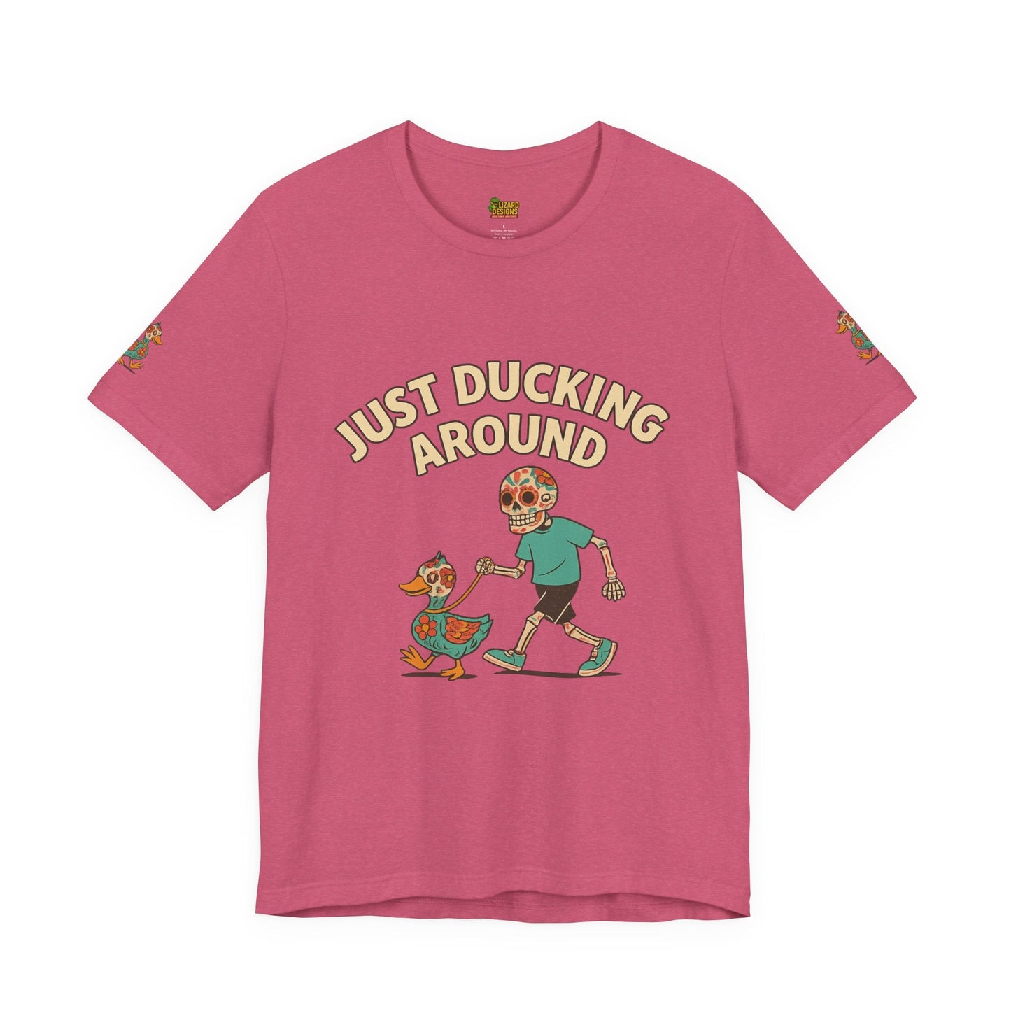 Just Ducking Around – Día de los Muertos Skeleton & Duck Tee | Funny Graphic Shirt – Heather Raspberry T-Shirt for cartoon graphic tee (35 view)