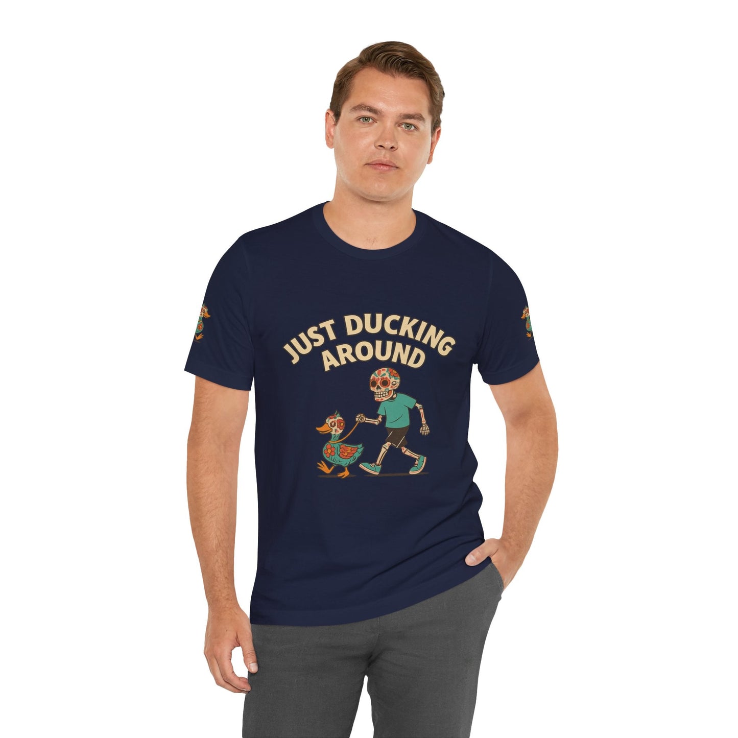 Just Ducking Around – Día de los Muertos Skeleton & Duck Tee | Funny Graphic Shirt – Navy T-Shirt for cartoon graphic tee (18 view)