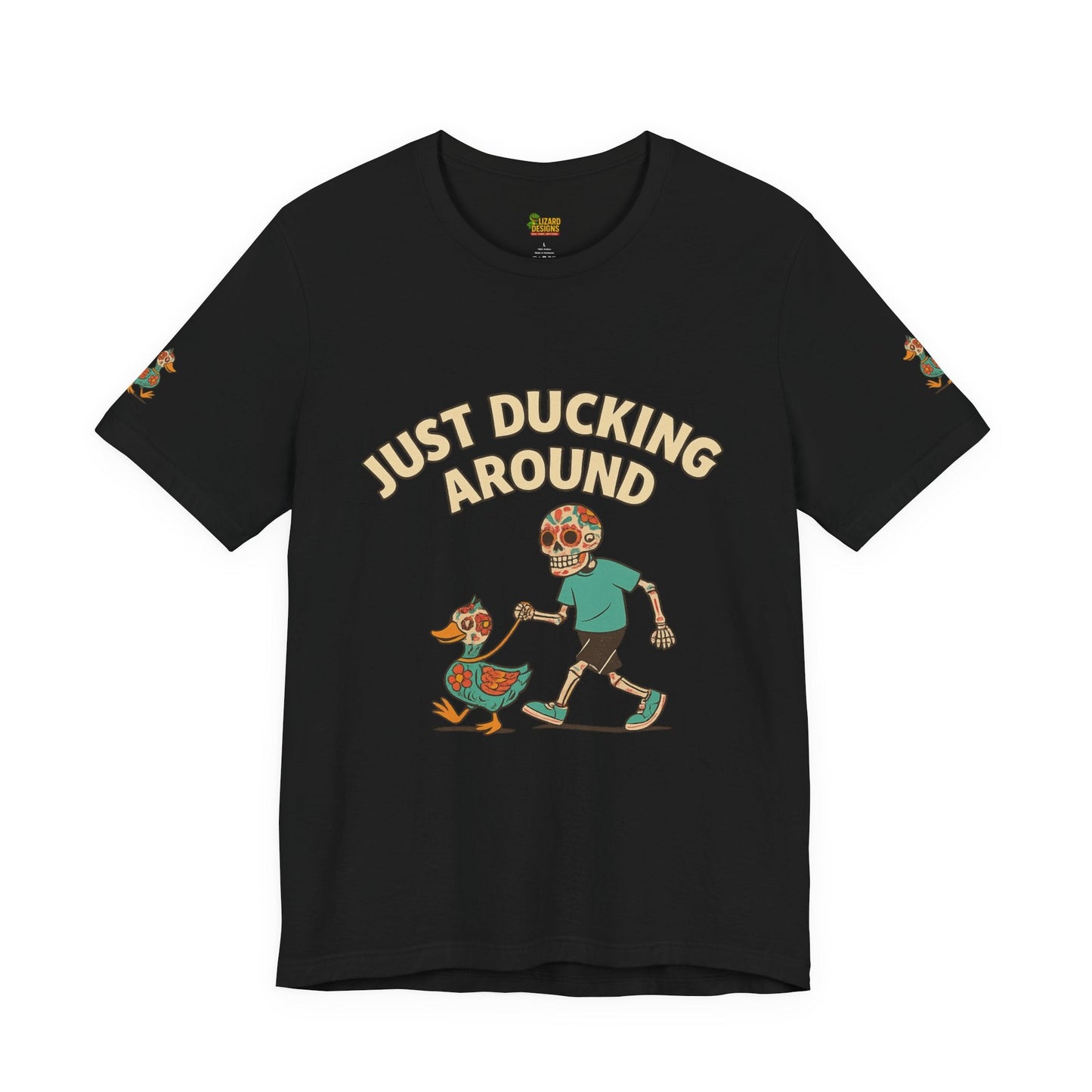 Just Ducking Around – Día de los Muertos Skeleton & Duck Tee | Funny Graphic Shirt – Black T-Shirt for cartoon graphic tee (5 view)