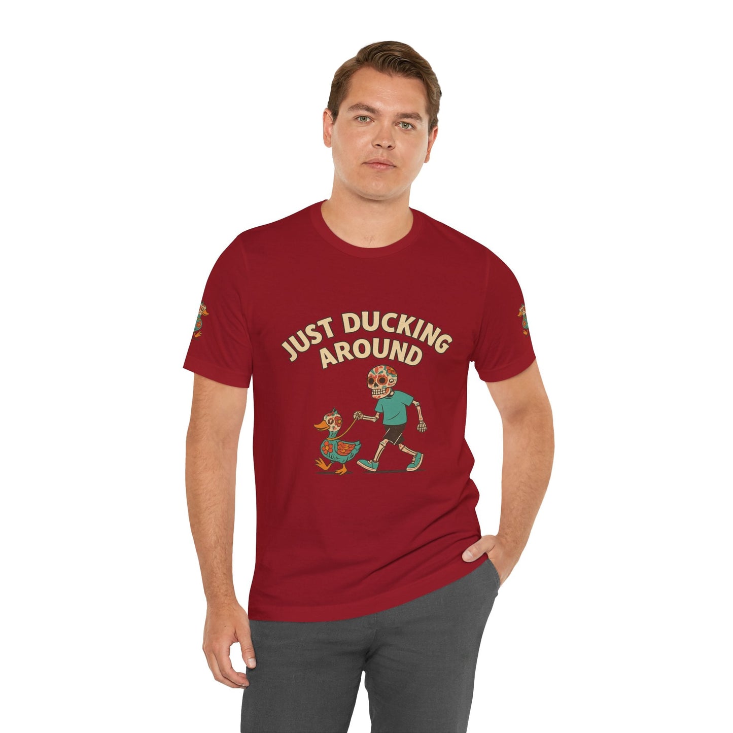Just Ducking Around – Día de los Muertos Skeleton & Duck Tee | Funny Graphic Shirt – Canvas Red T-Shirt for cartoon graphic tee (38 view)