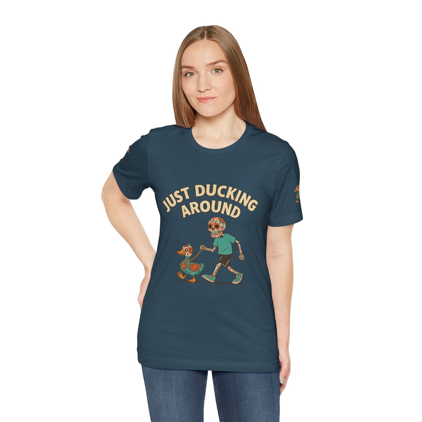 Just Ducking Around – Día de los Muertos Skeleton & Duck Tee | Funny Graphic Shirt – Deep Teal T-Shirt for cartoon graphic tee (12 view)