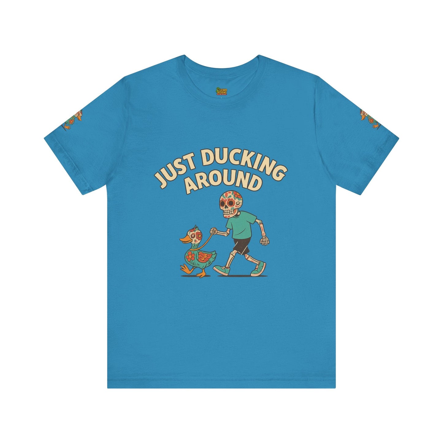 Just Ducking Around – Día de los Muertos Skeleton & Duck Tee | Funny Graphic Shirt – Aqua T-Shirt for cartoon graphic tee (6 view)