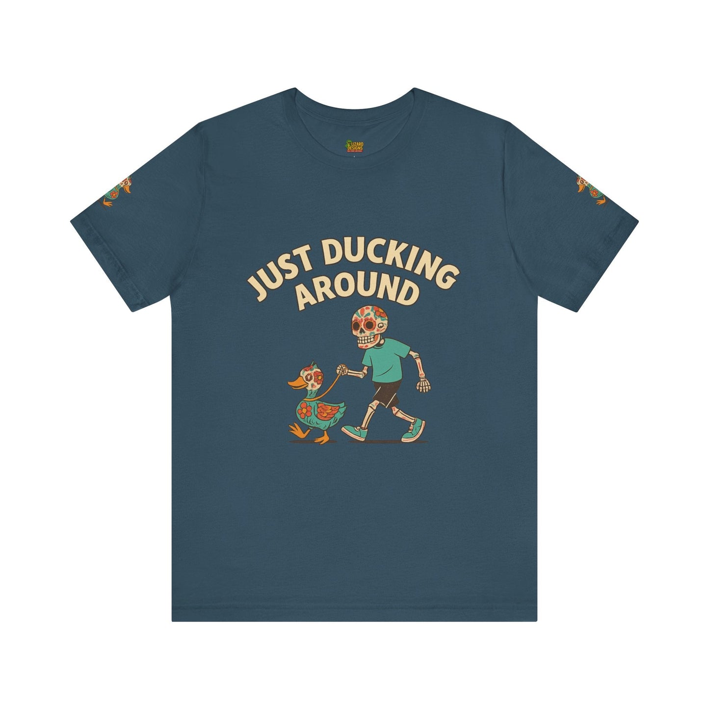Just Ducking Around – Día de los Muertos Skeleton & Duck Tee | Funny Graphic Shirt – Deep Teal T-Shirt for cartoon graphic tee (11 view)