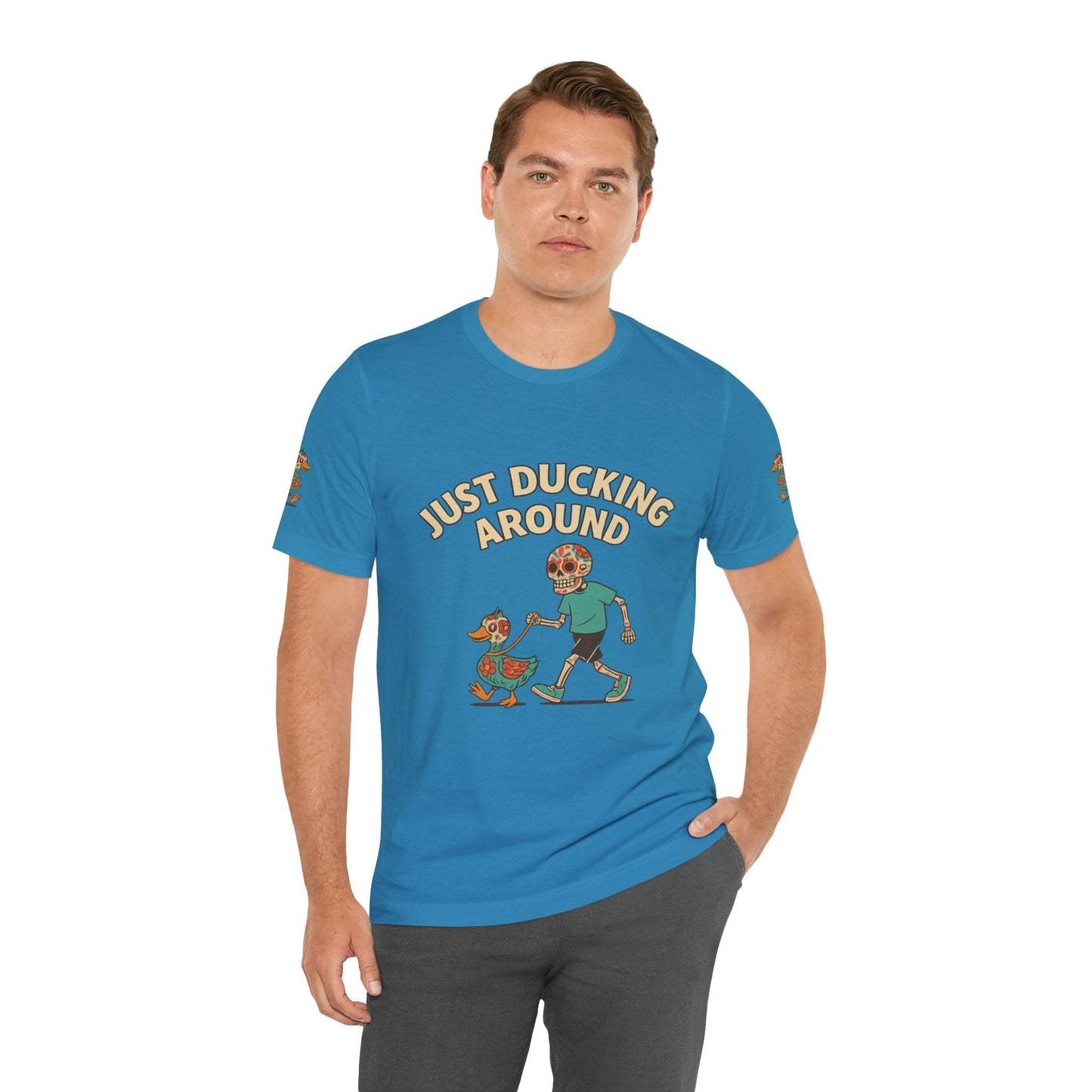Just Ducking Around – Día de los Muertos Skeleton & Duck Tee | Funny Graphic Shirt – Aqua T-Shirt by Printify