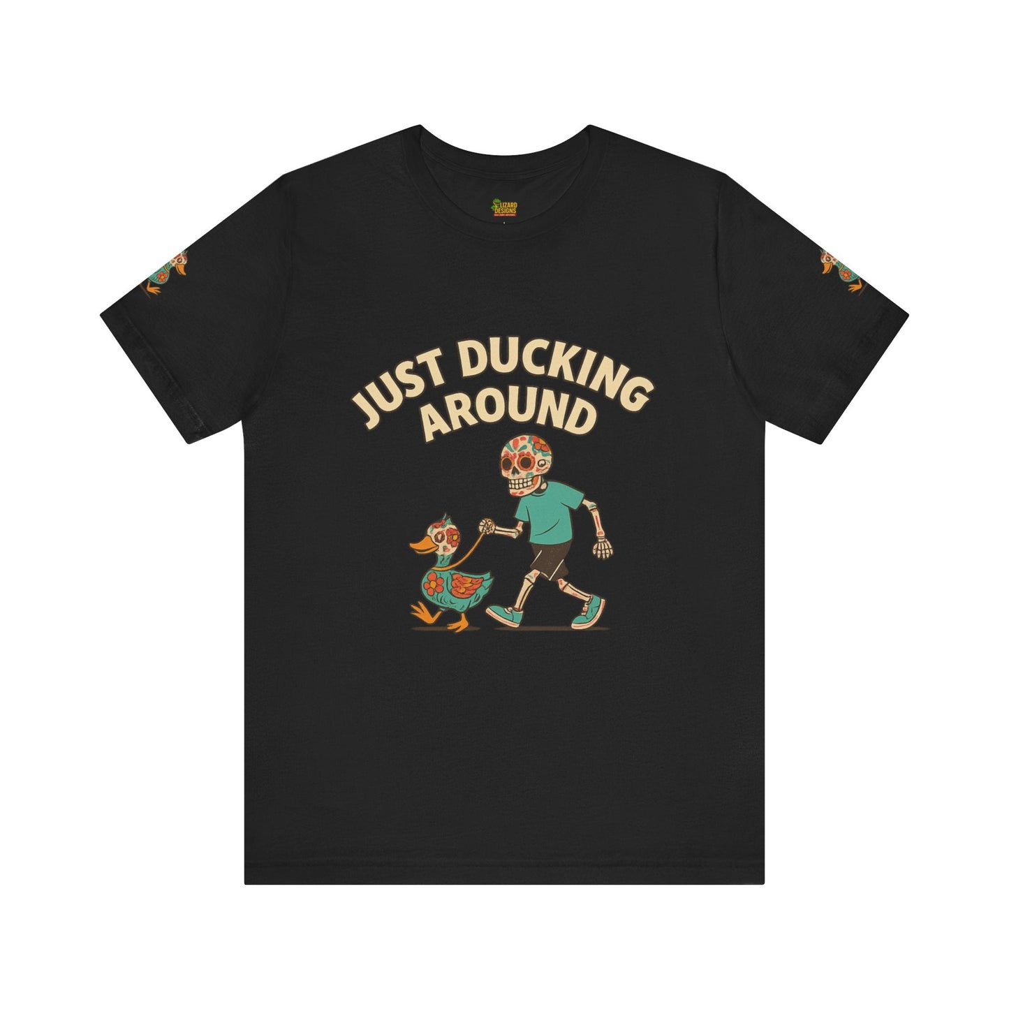 Just Ducking Around – Día de los Muertos Skeleton & Duck Tee | Funny Graphic Shirt – Black T-Shirt for cartoon graphic tee (1 view)