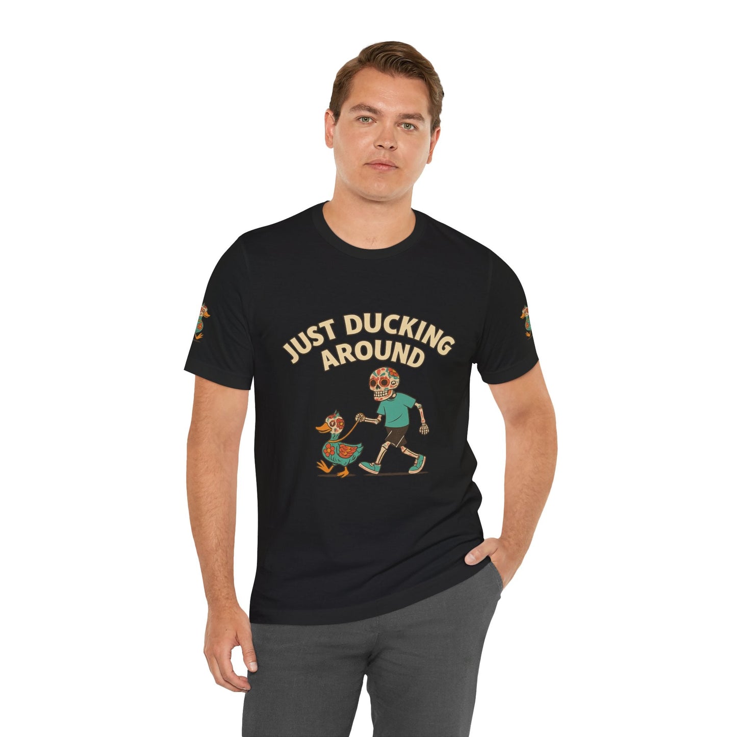 Just Ducking Around – Día de los Muertos Skeleton & Duck Tee | Funny Graphic Shirt – Black T-Shirt for cartoon graphic tee (3 view)