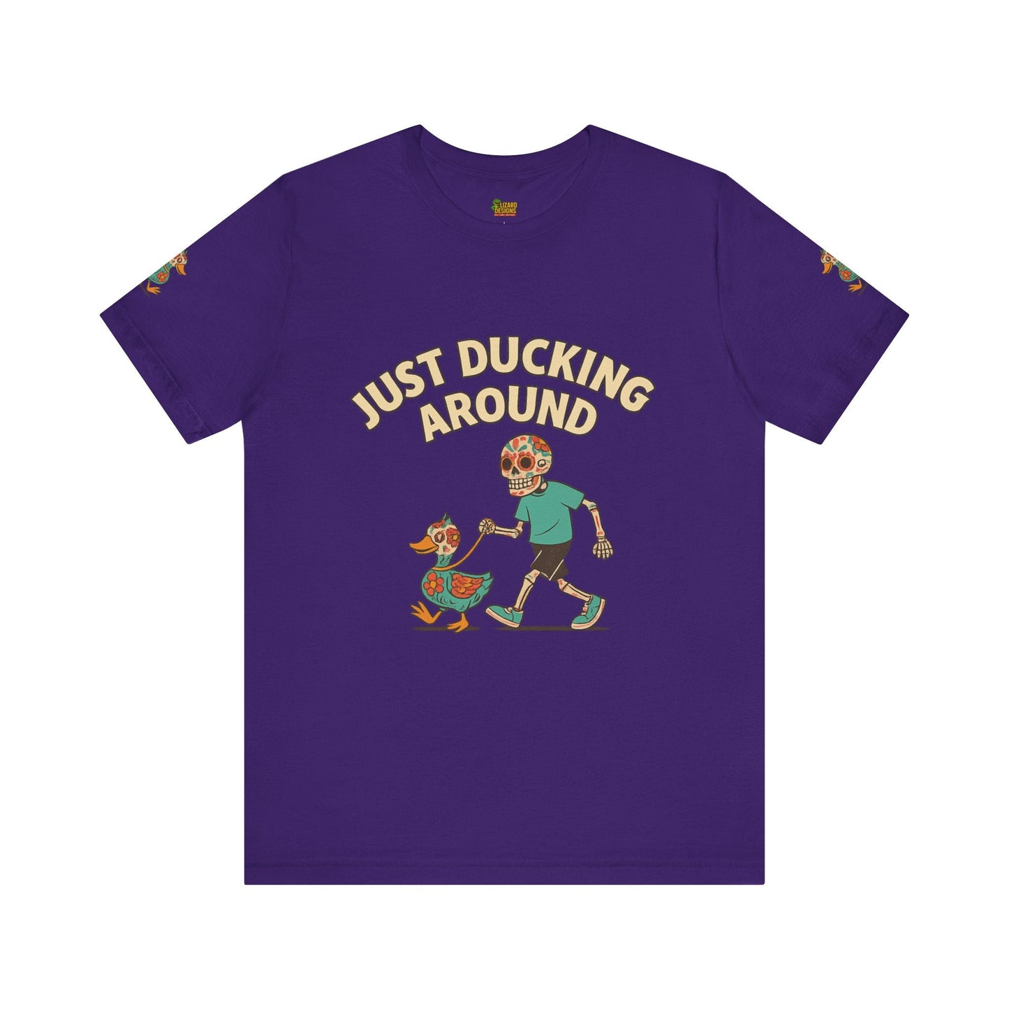 Just Ducking Around – Día de los Muertos Skeleton & Duck Tee | Funny Graphic Shirt – Team Purple T-Shirt by Printify