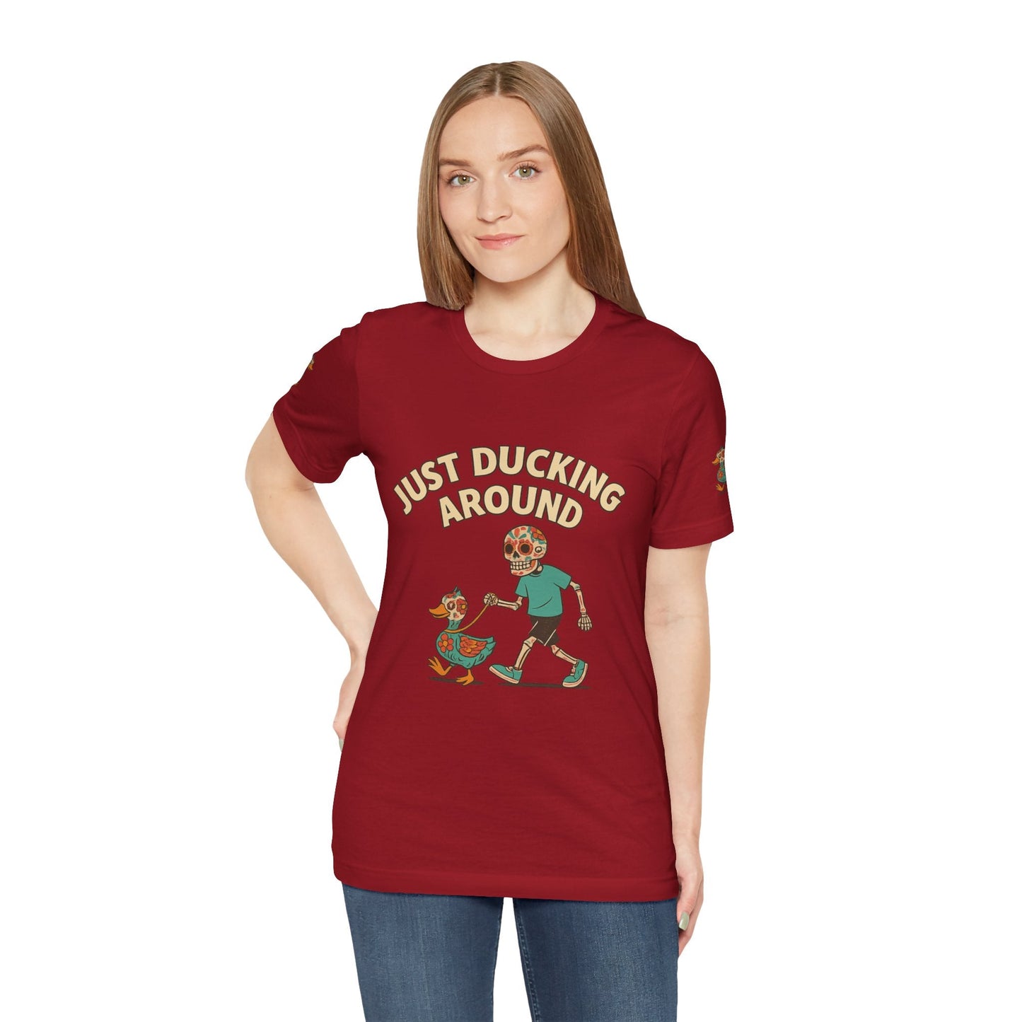 Just Ducking Around – Día de los Muertos Skeleton & Duck Tee | Funny Graphic Shirt – Canvas Red T-Shirt for cartoon graphic tee (37 view)