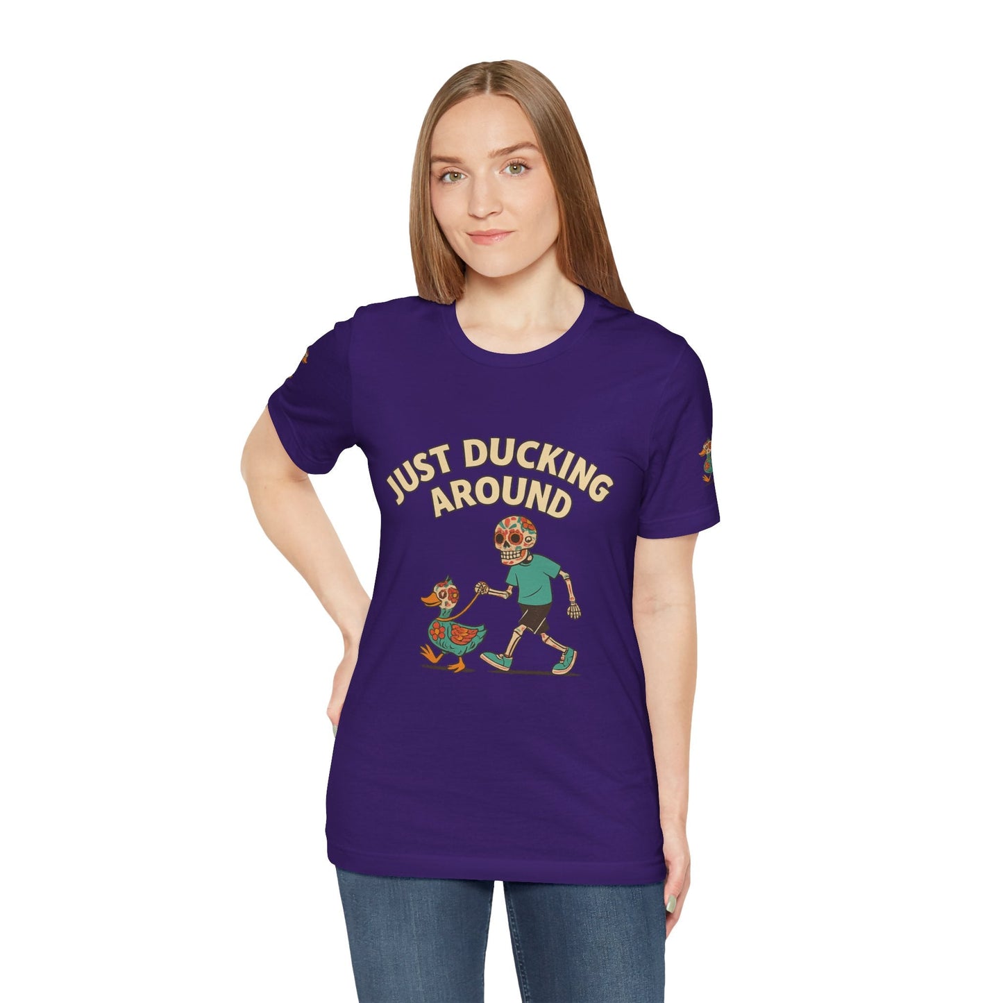 Just Ducking Around – Día de los Muertos Skeleton & Duck Tee | Funny Graphic Shirt – Team Purple T-Shirt for cartoon graphic tee (22 view)